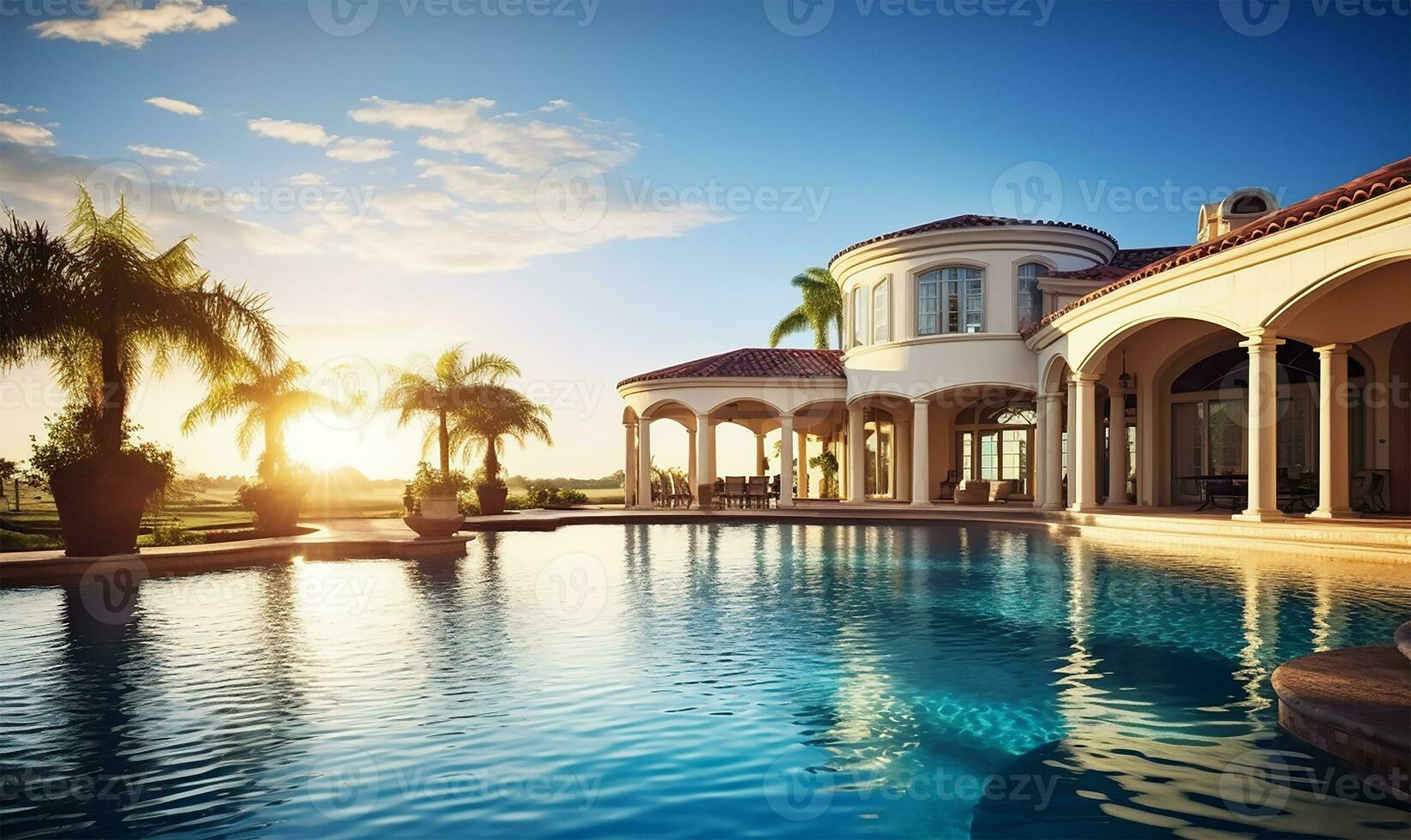 stunning home exterior bathed in sunlight, accompanied by a vast swimming pool that glistens under the clear blue sky. AI Generated photo