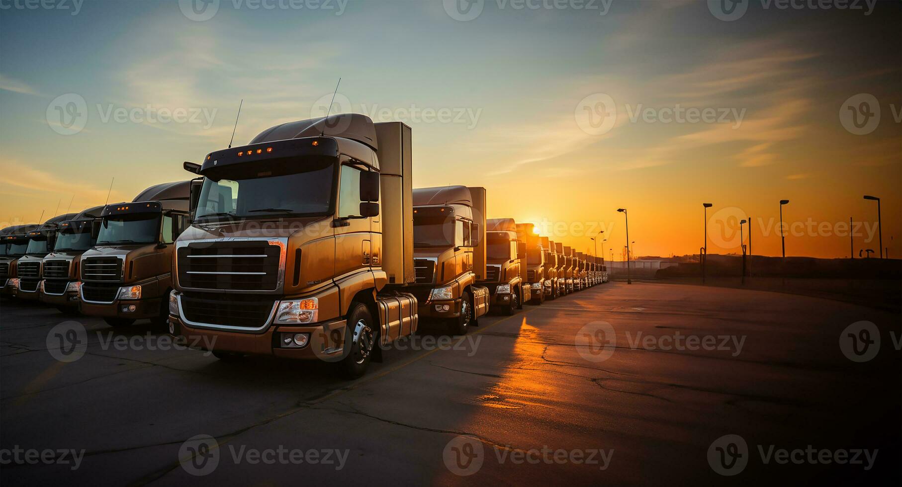 A row of parked trucks, silhouetted against the backdrop of a radiant sunrise. AI Generated photo