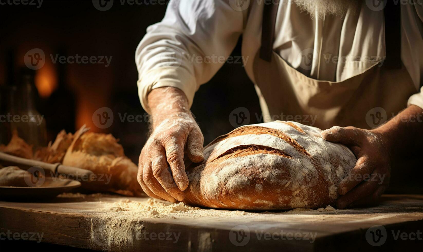 de cerca enfoque en un panadería manos como ellos hábilmente amasar el masa. ai generado foto