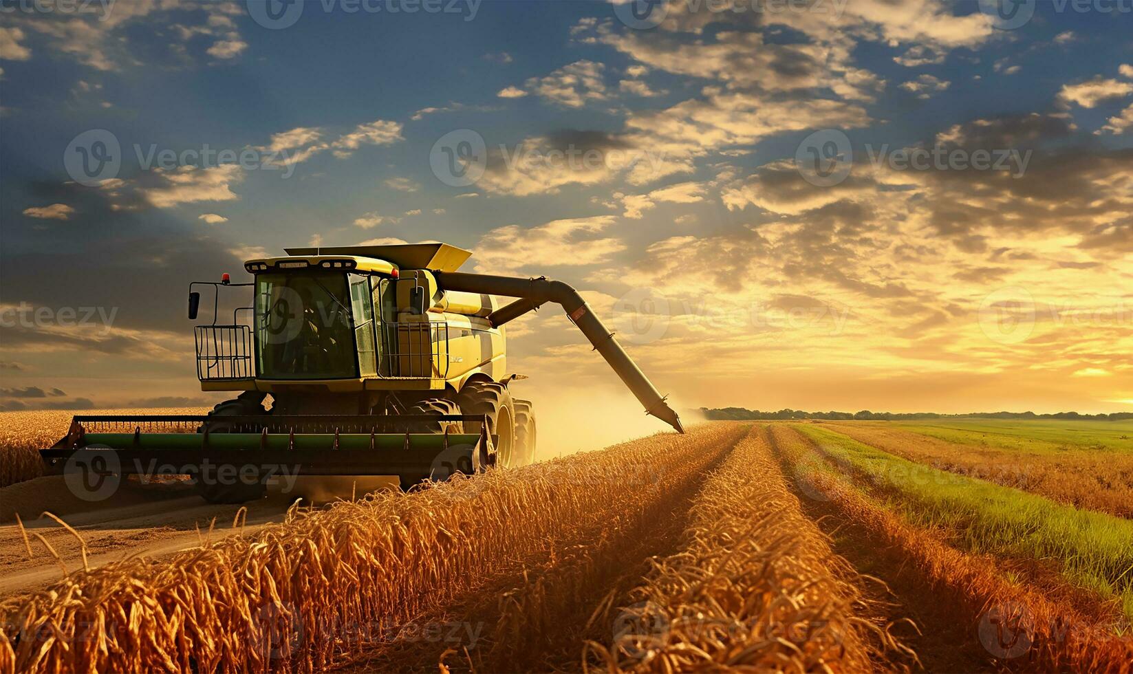 harvester pouring freshly harvested corn maize seeds or soybeans into a container trailer. AI Generated photo
