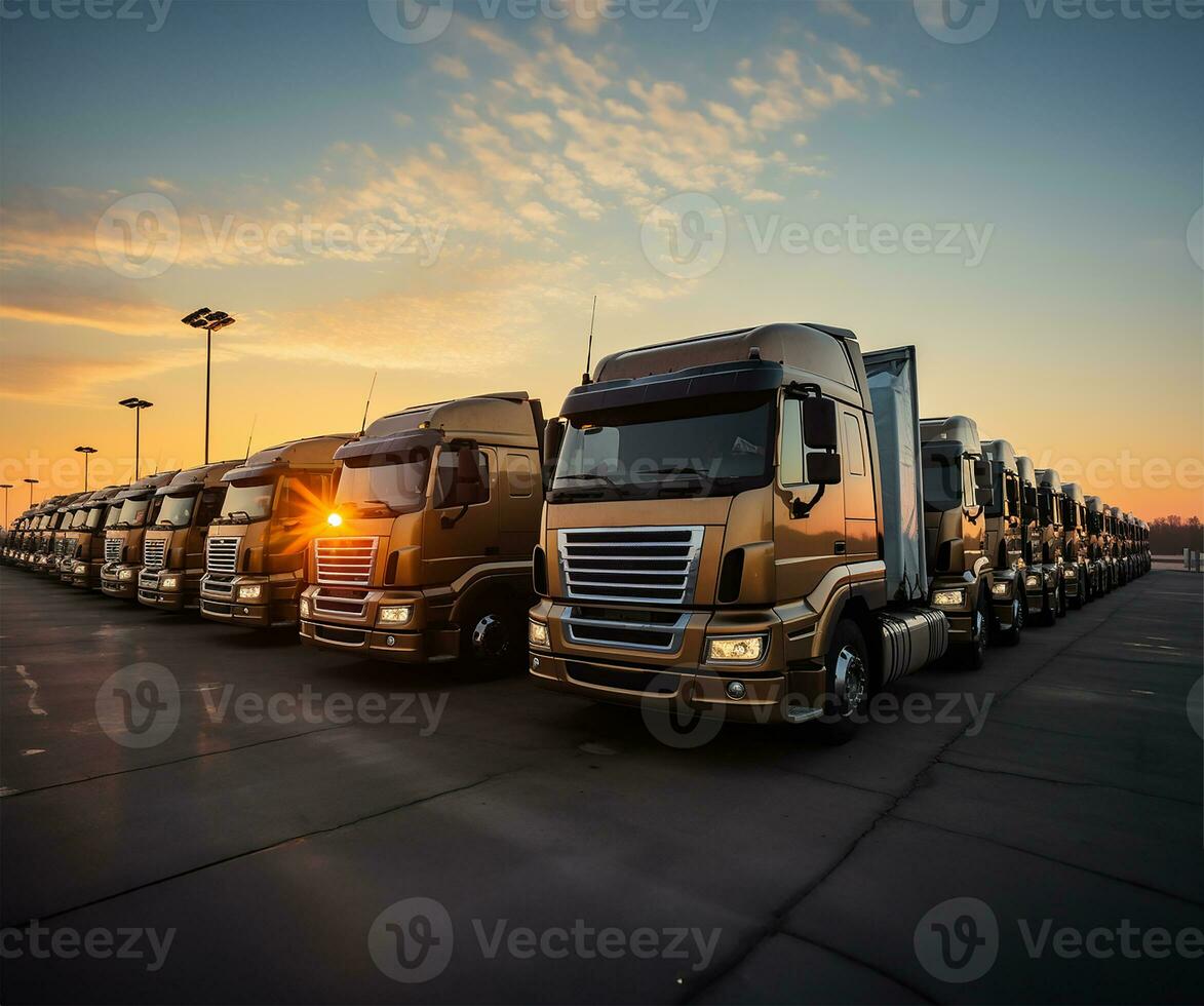 A row of parked trucks, silhouetted against the backdrop of a radiant sunrise. AI Generated photo