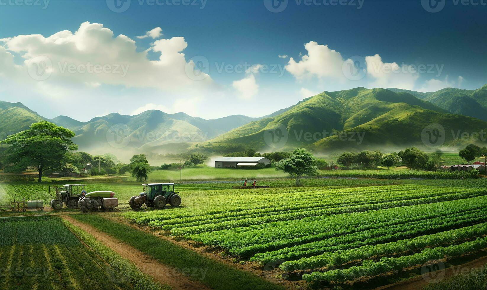 sprawling agricultural farm featuring fields of crops. AI Generated photo
