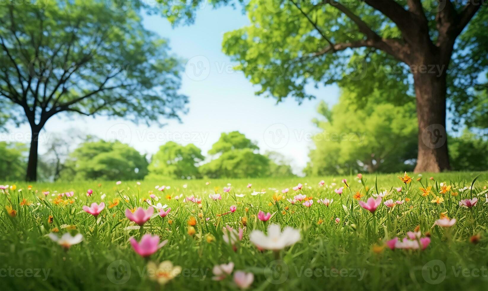 picturesque spring glade with blooming flora and trees set against a clear blue sky. AI Generated photo
