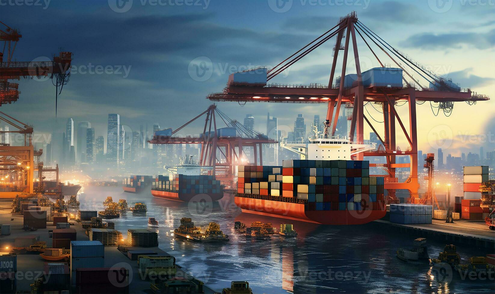 bustling seaport featuring cargo ships being loaded and unloaded. AI Generated photo