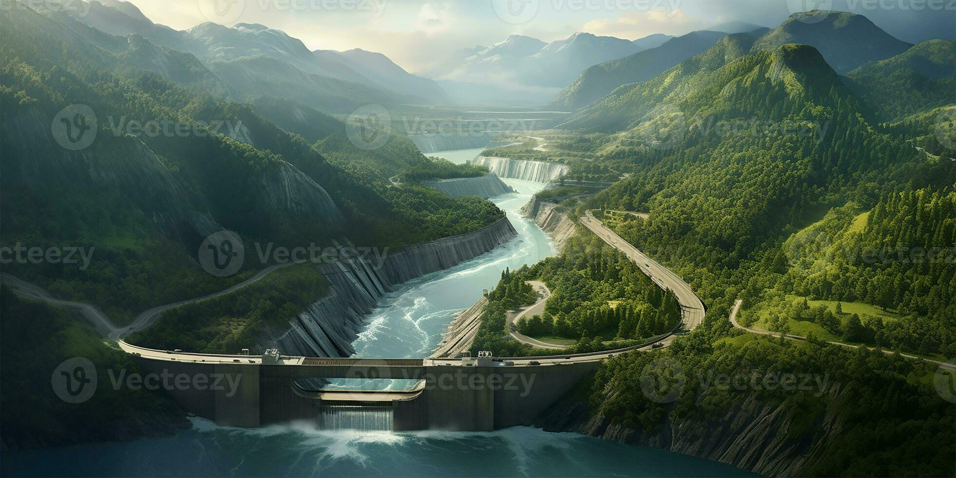 hydroelectric power dam spanning a river nestled amidst rugged mountain terrain. AI Generated photo