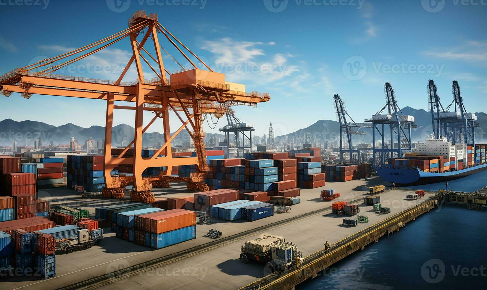 bustling seaport featuring cargo ships being loaded and unloaded. AI Generated photo