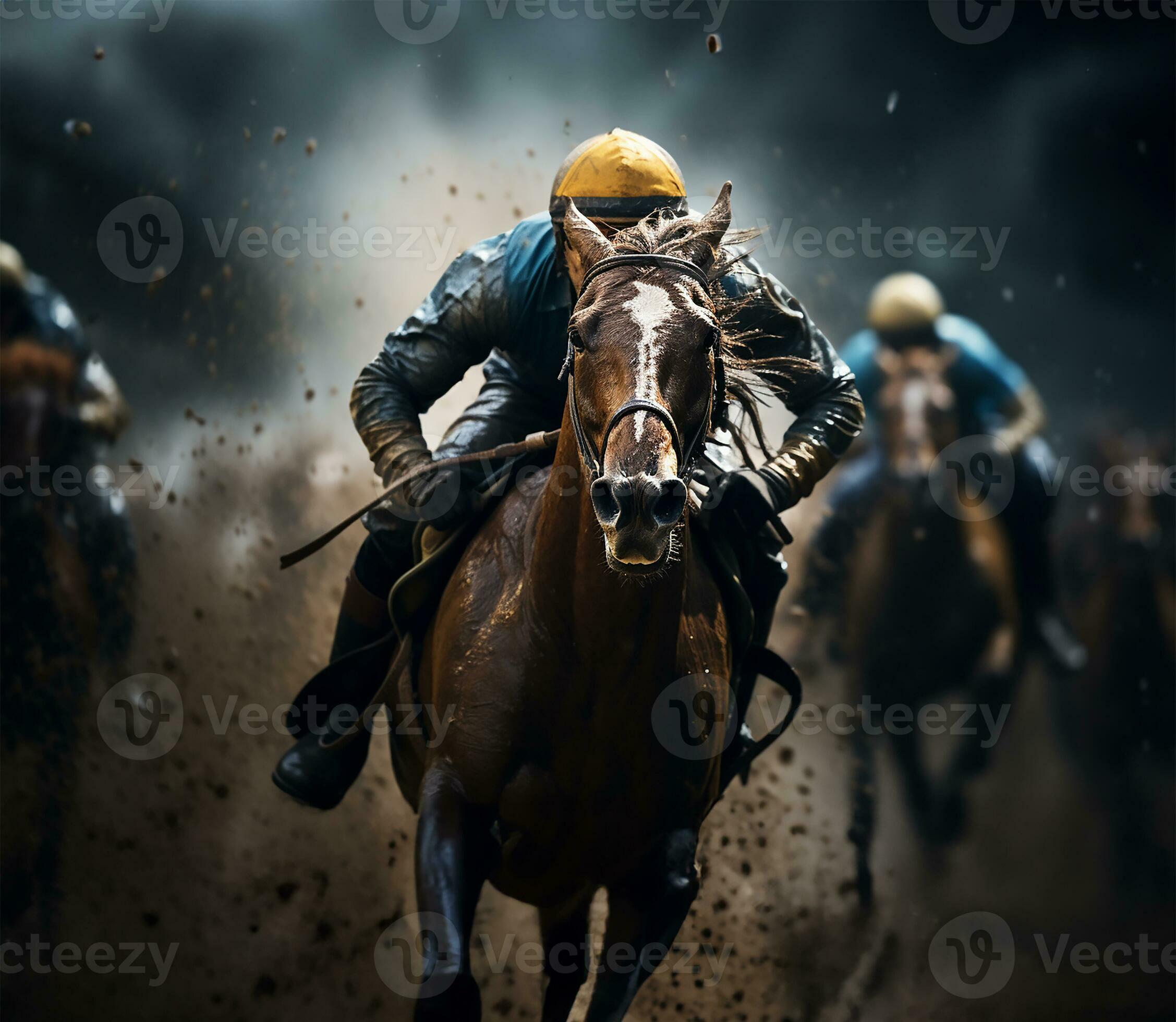 An intense moment captured during a horse race as jockeys, with sheer