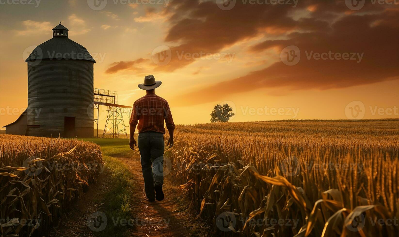 a farmer strides confidently through a corn field, the early dawn light casting a gentle glow over the tall stalks. AI Generated photo