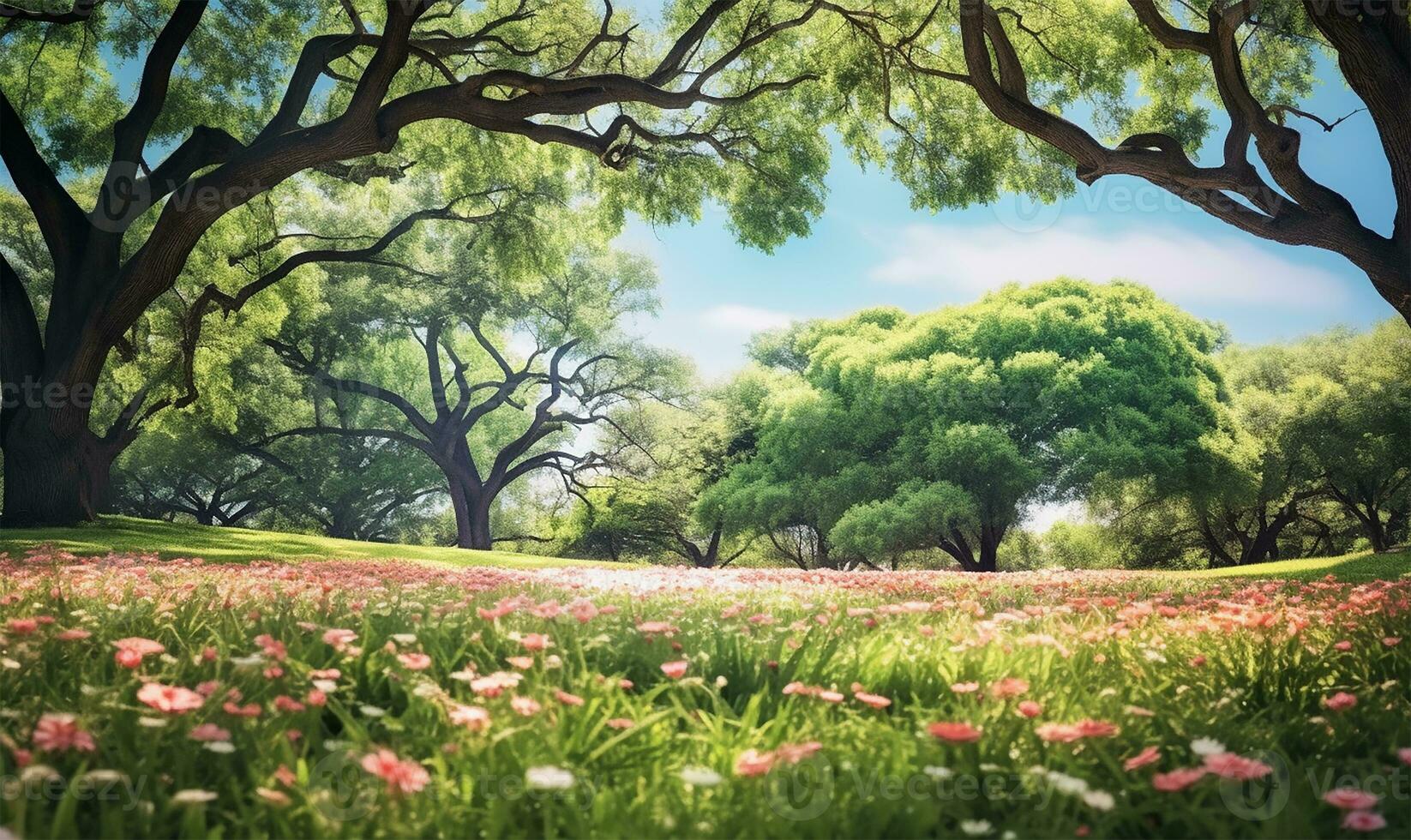 picturesque spring glade with blooming flora and trees set against a clear blue sky. AI Generated photo