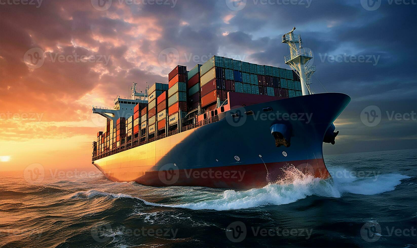 container ship cutting through the vast sea waters. AI Generated photo