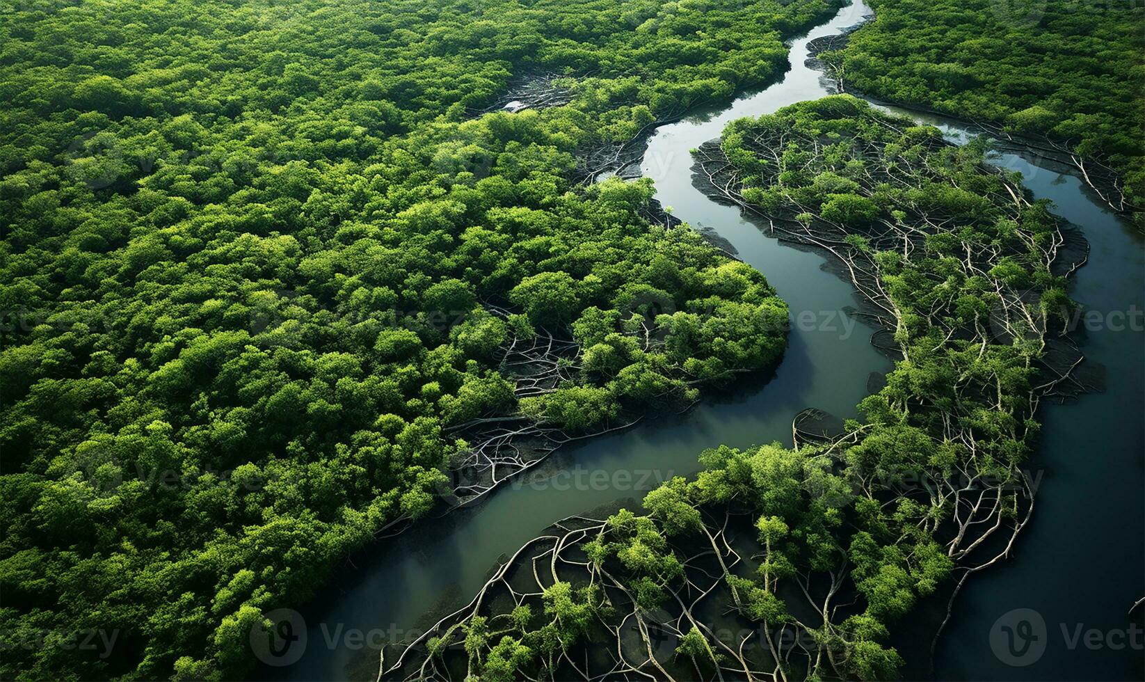 aerial view of a river delta featuring lush green vegetation and winding waterways. AI Generated photo