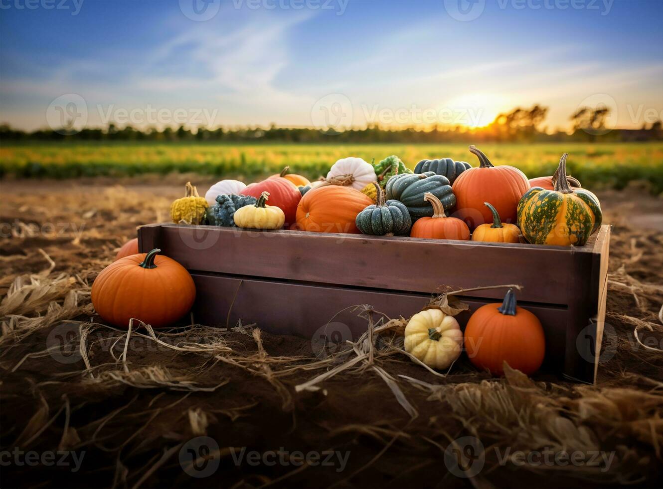 rustic wooden box filled with an assortment of pumpkins, each showcasing the rich hues and textures of the fall season. AI Generated photo