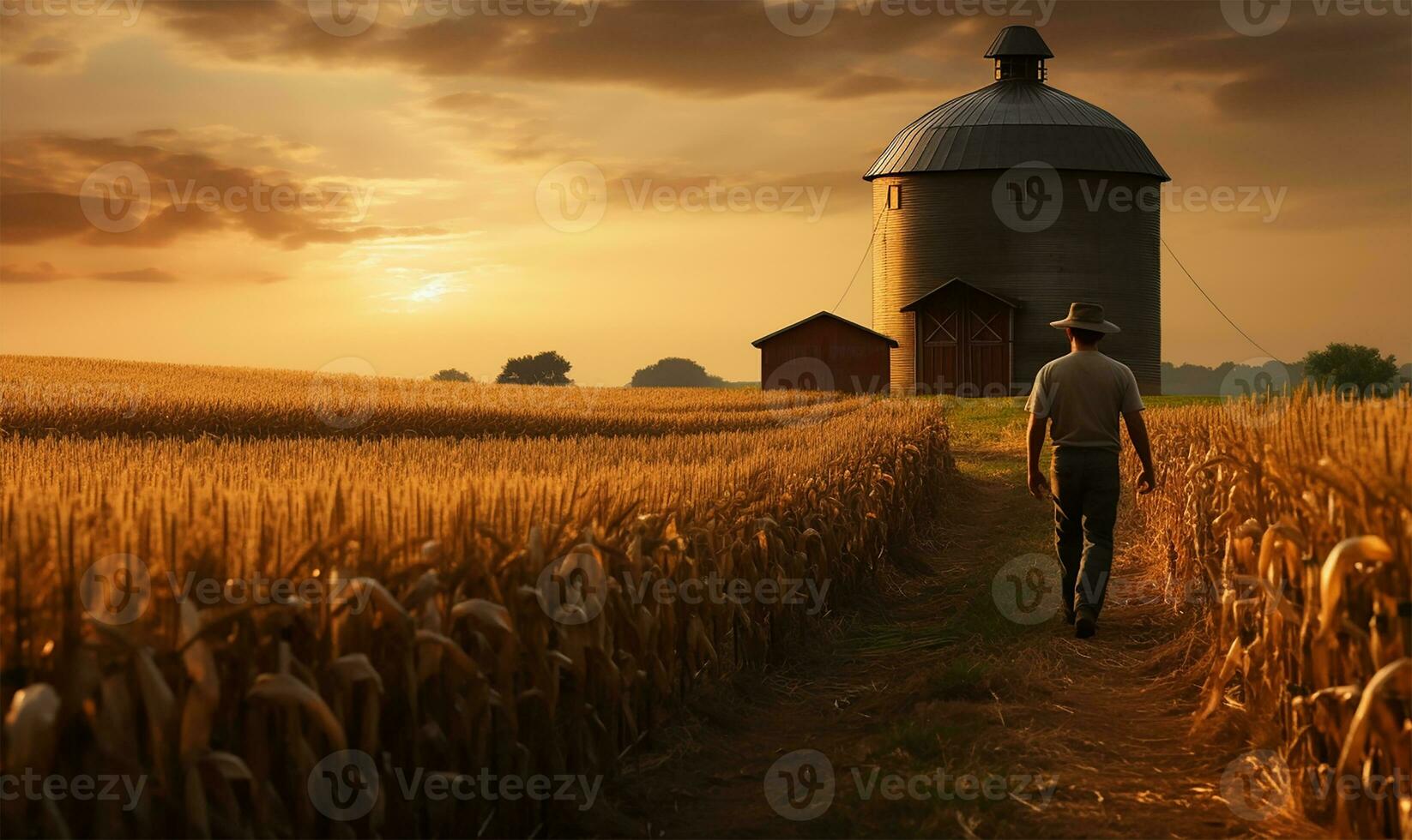 a farmer strides confidently through a corn field, the early dawn light casting a gentle glow over the tall stalks. AI Generated photo