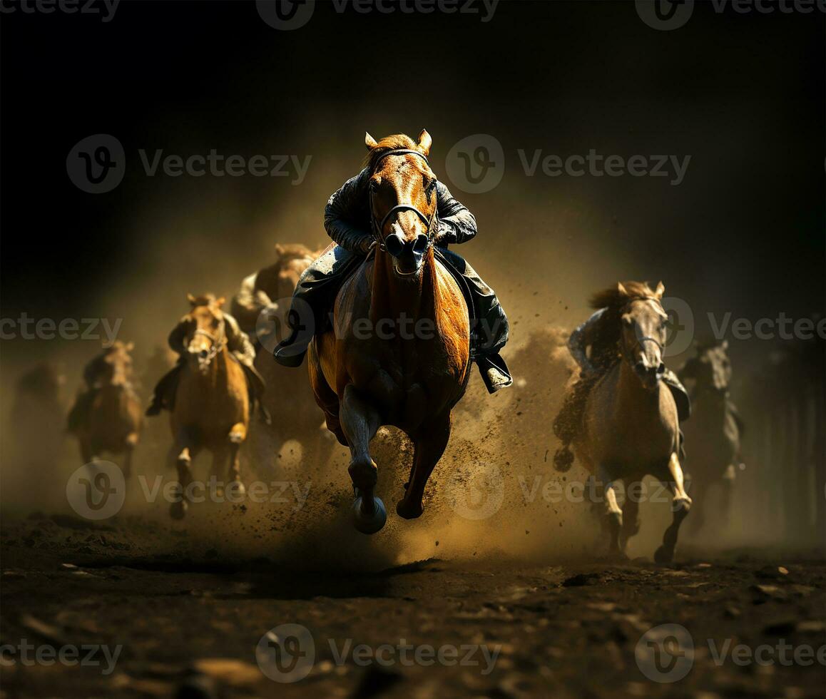 An intense moment captured during a horse race as jockeys, with sheer determination, push their horses to gain an advantage in the crucial last curve. AI Generated photo