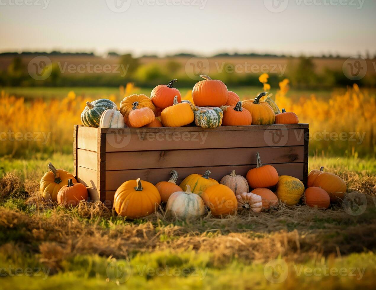 rustic wooden box filled with an assortment of pumpkins, each showcasing the rich hues and textures of the fall season. AI Generated photo