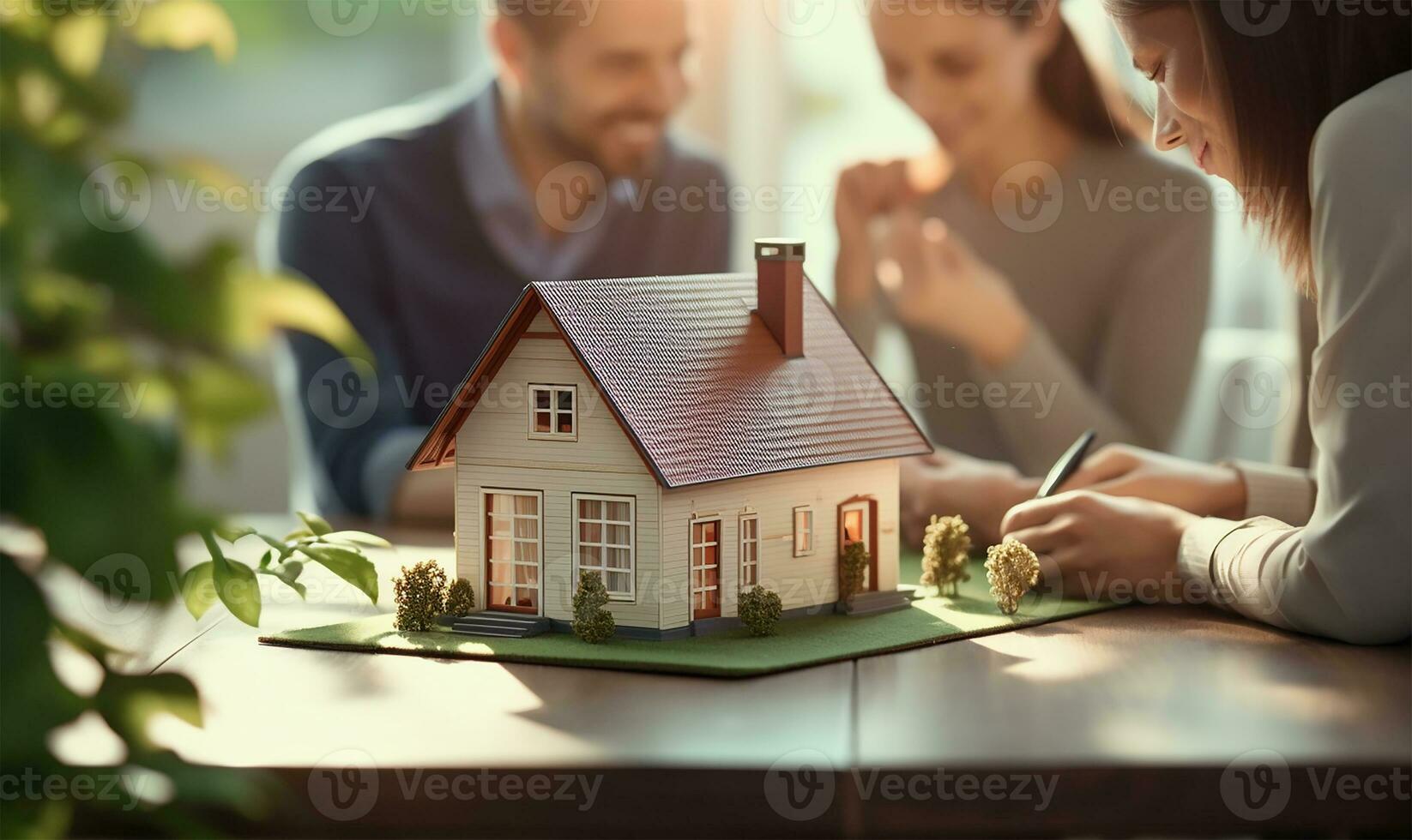 Real estate agent signing a mortgage agreement with a happy young couple with a close-up of a miniature house in the foreground. AI Generated photo