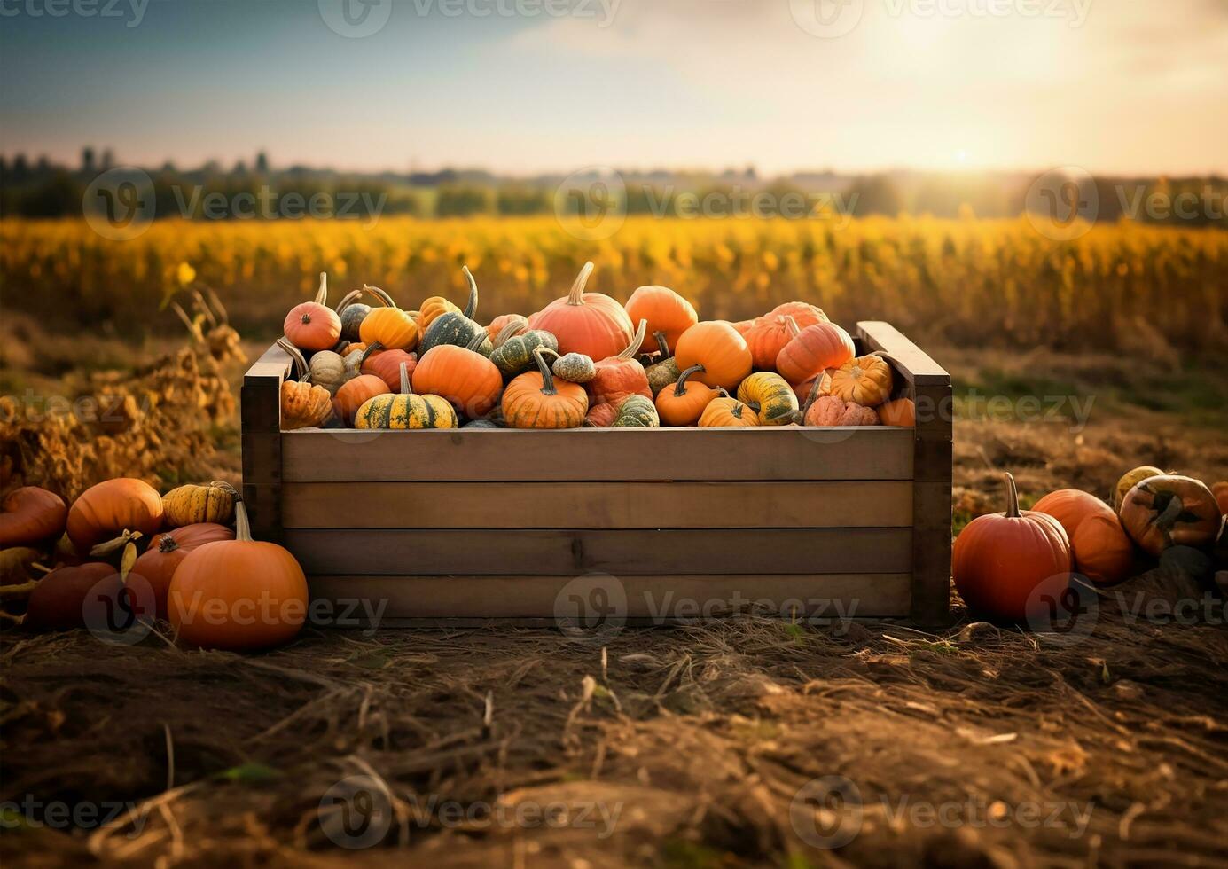 rustic wooden box filled with an assortment of pumpkins, each showcasing the rich hues and textures of the fall season. AI Generated photo