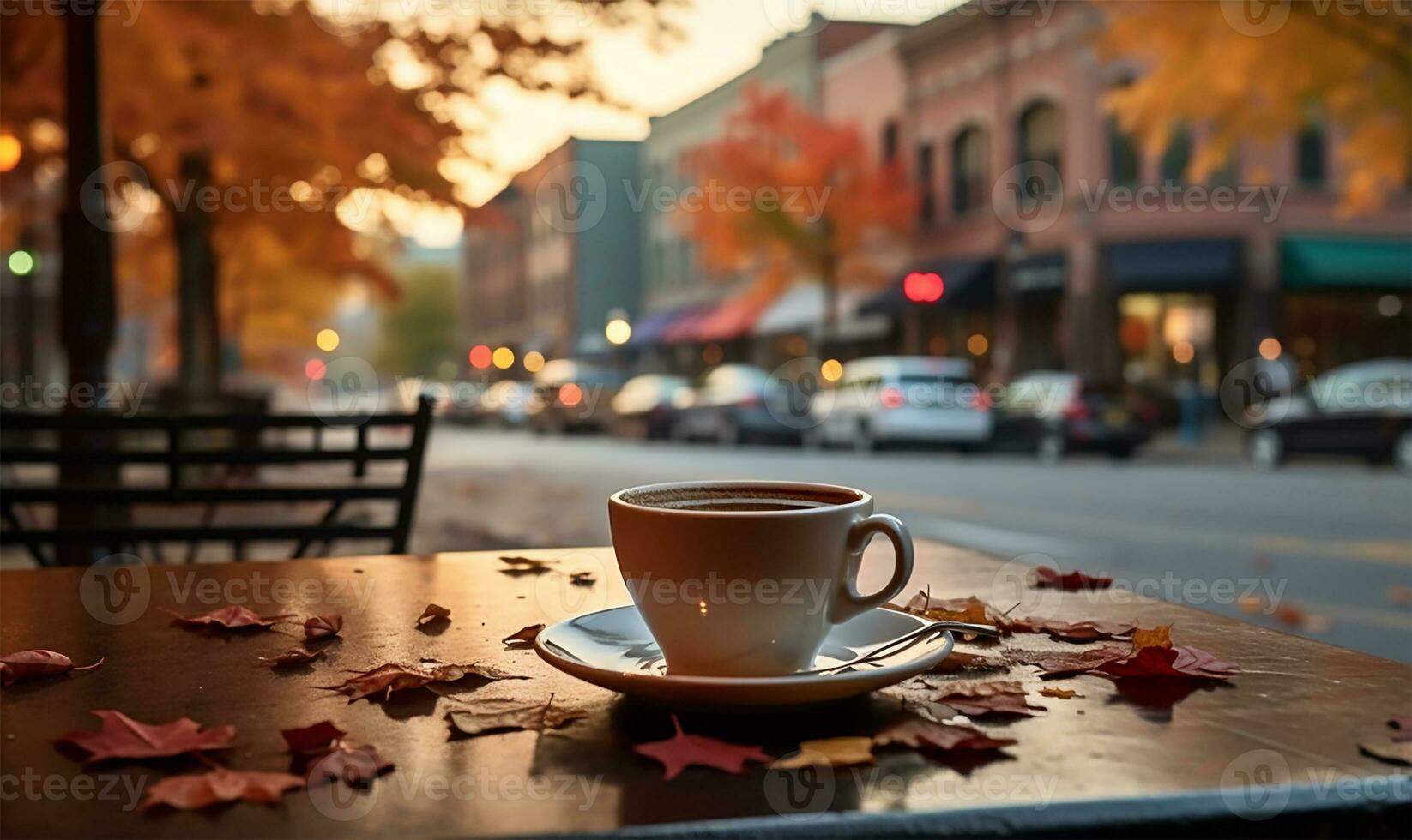 humeante taza de café perfectamente metido en un café mesa, conjunto en contra el fondo de un calle bullicioso con carros y cubierto con vistoso otoño hojas. ai generado foto