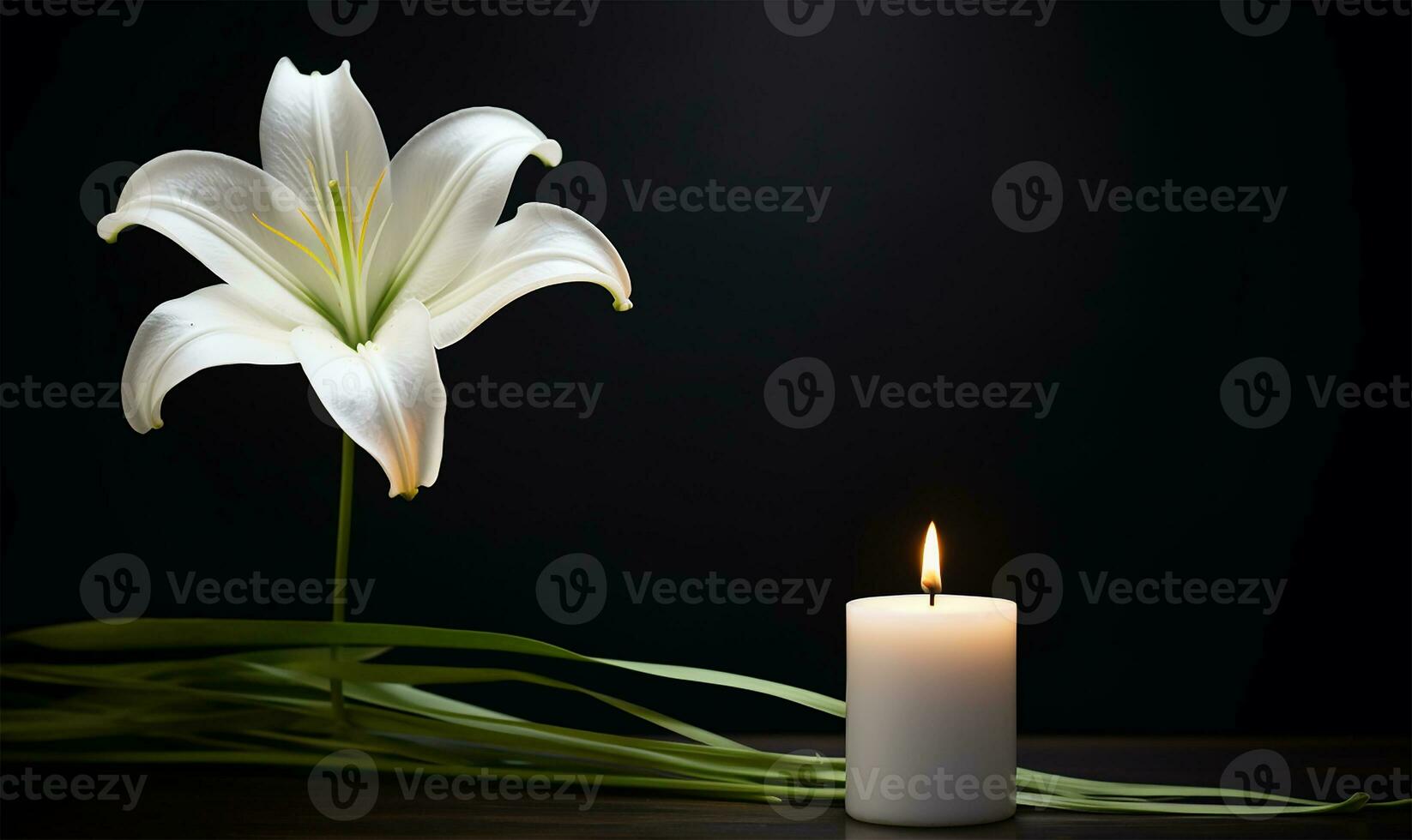 solitary and beautiful white lily placed beside a softly burning candle, set against a dark and somber background. AI Generated photo