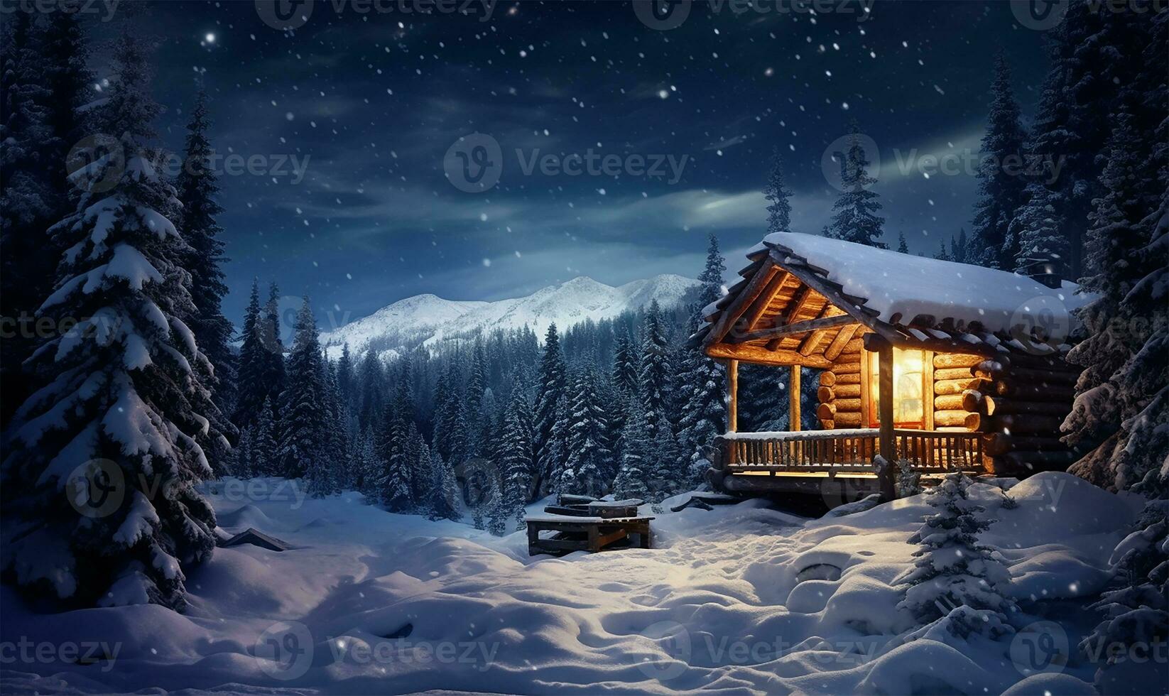 small log cabin blanketed in snow under a starry night. AI Generated photo