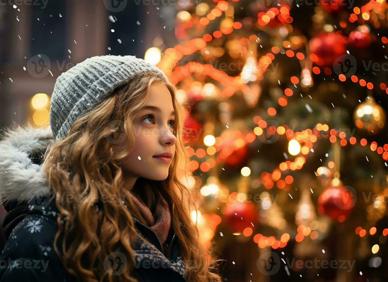 lado perfil de un joven chica, ojos lleno con preguntarse, en pie junto a un majestuoso Navidad árbol conjunto en un ciudad cuadrado. ai generado foto