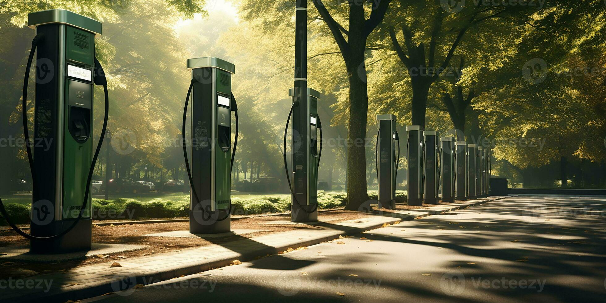 A row of modern fast electric vehicle chargers situated in a park. AI Generated photo