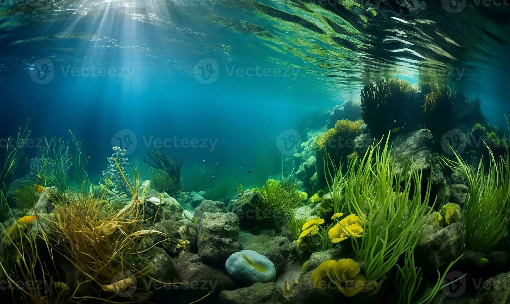 un fondo del mar cubierto en lozano verde pastos marinos. ai generado foto