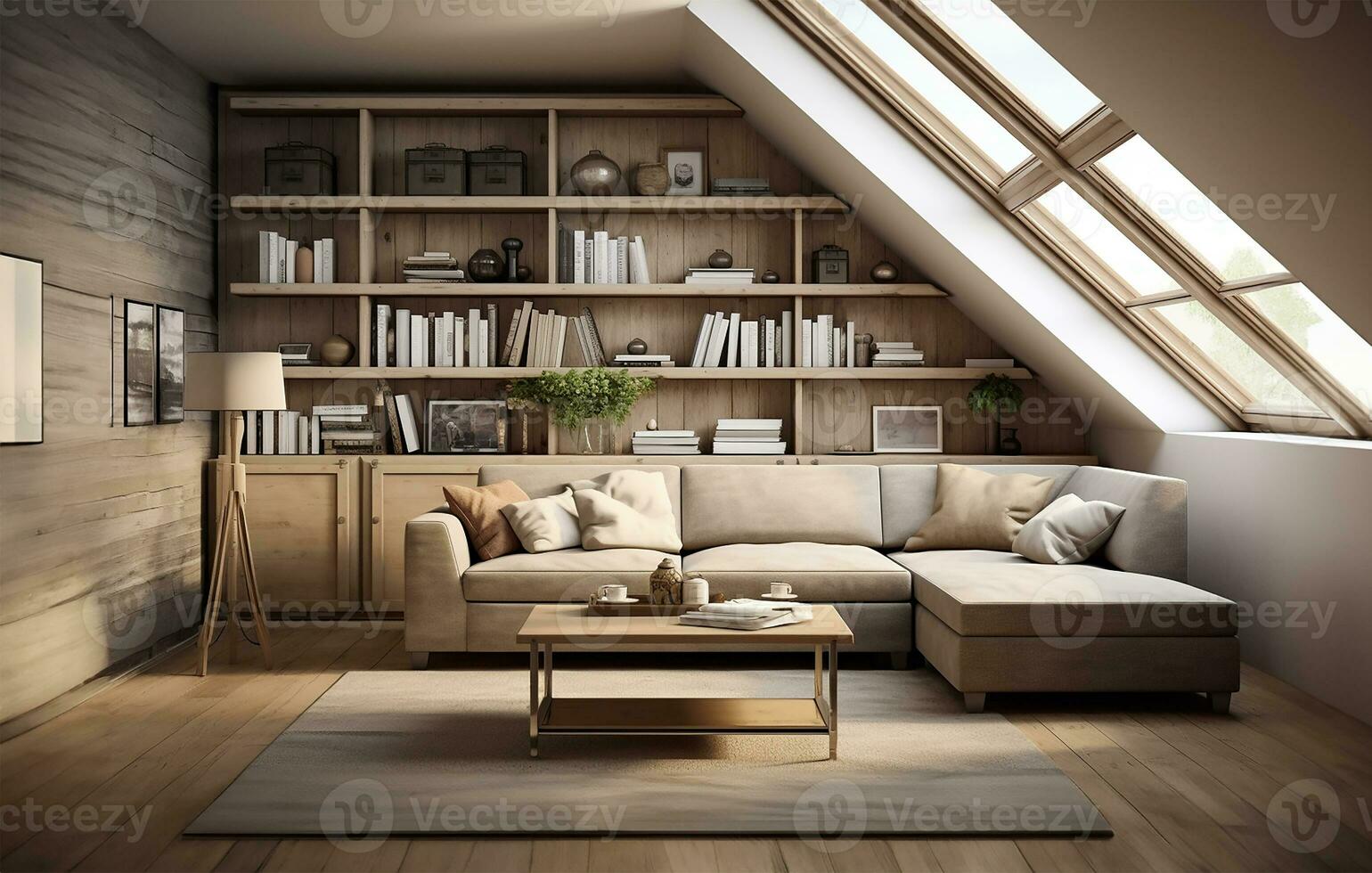 corner sofa placed against a shelving unit, set in a modern living room in the attic of a farmhouse. AI Generated photo