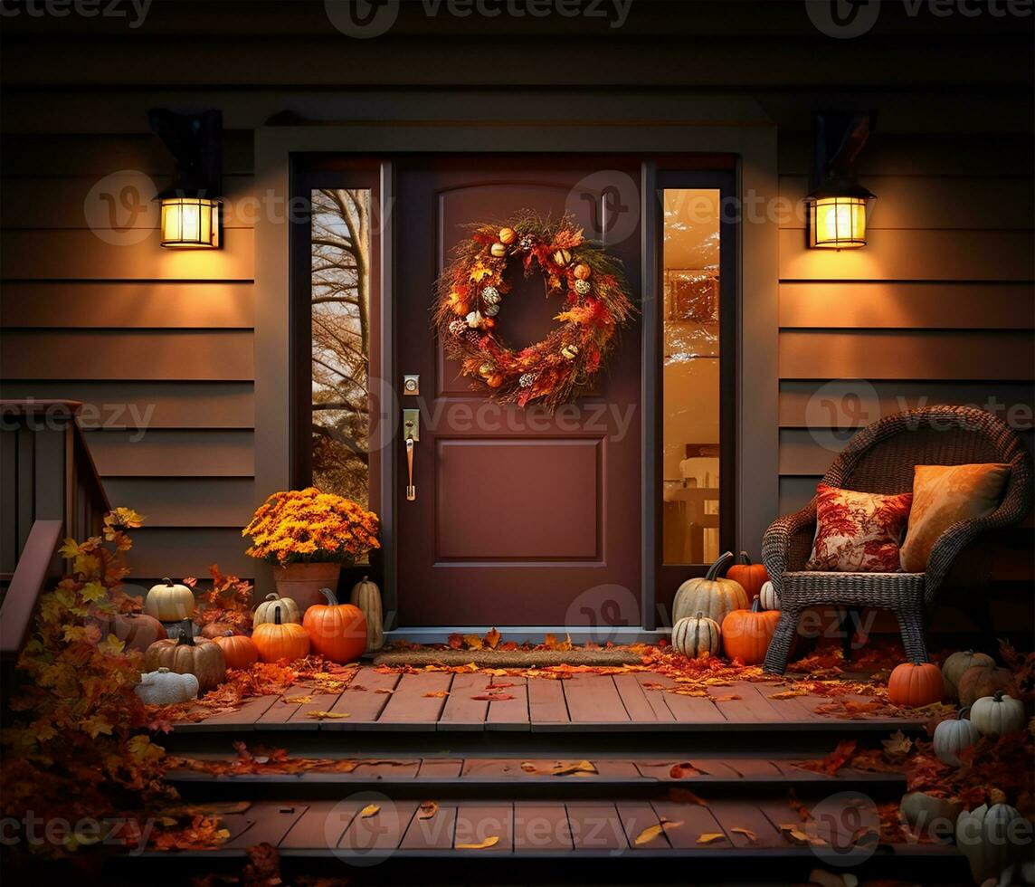 beautifully assembled fall wreath gracing a rich brown front door. AI Generated photo
