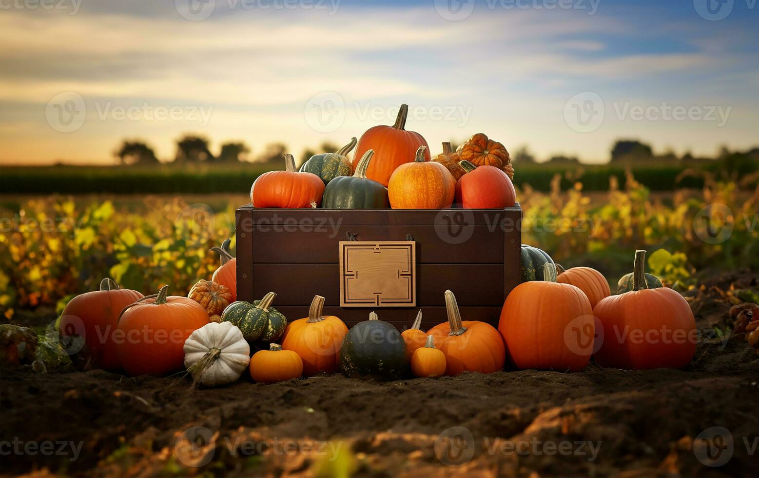 rustic wooden box filled with an assortment of pumpkins, each showcasing the rich hues and textures of the fall season. AI Generated photo