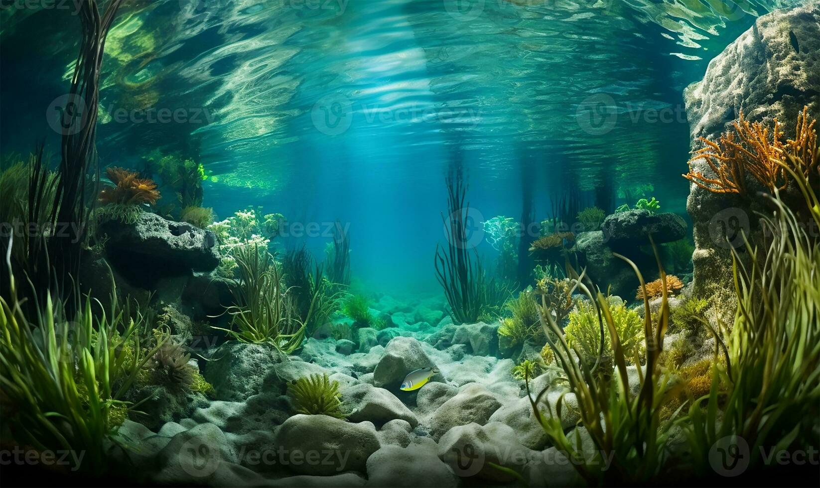 un fondo del mar cubierto en lozano verde pastos marinos. ai generado foto