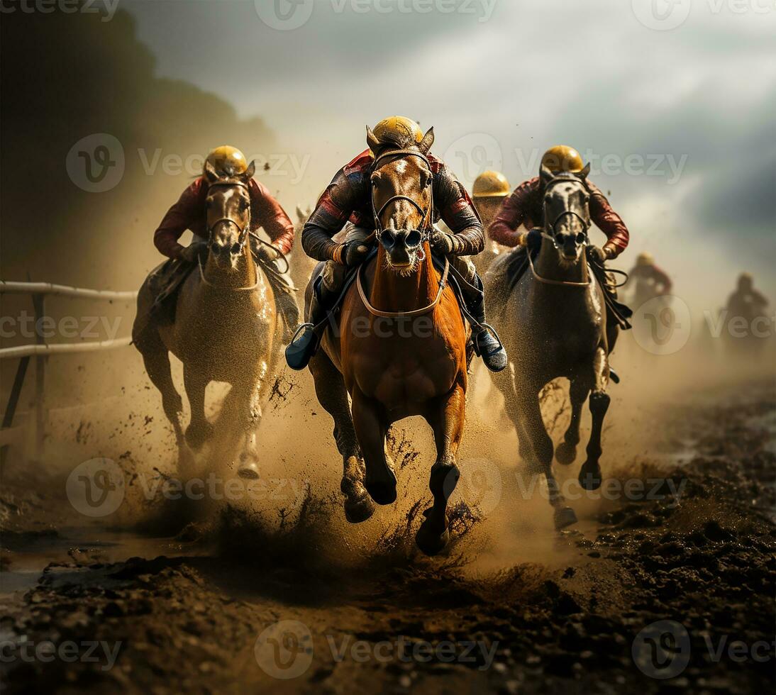 un intenso momento capturado durante un caballo carrera como jinetes, con escarpado determinación, empujar su caballos a ganancia un ventaja en el crucial último curva. ai generado foto