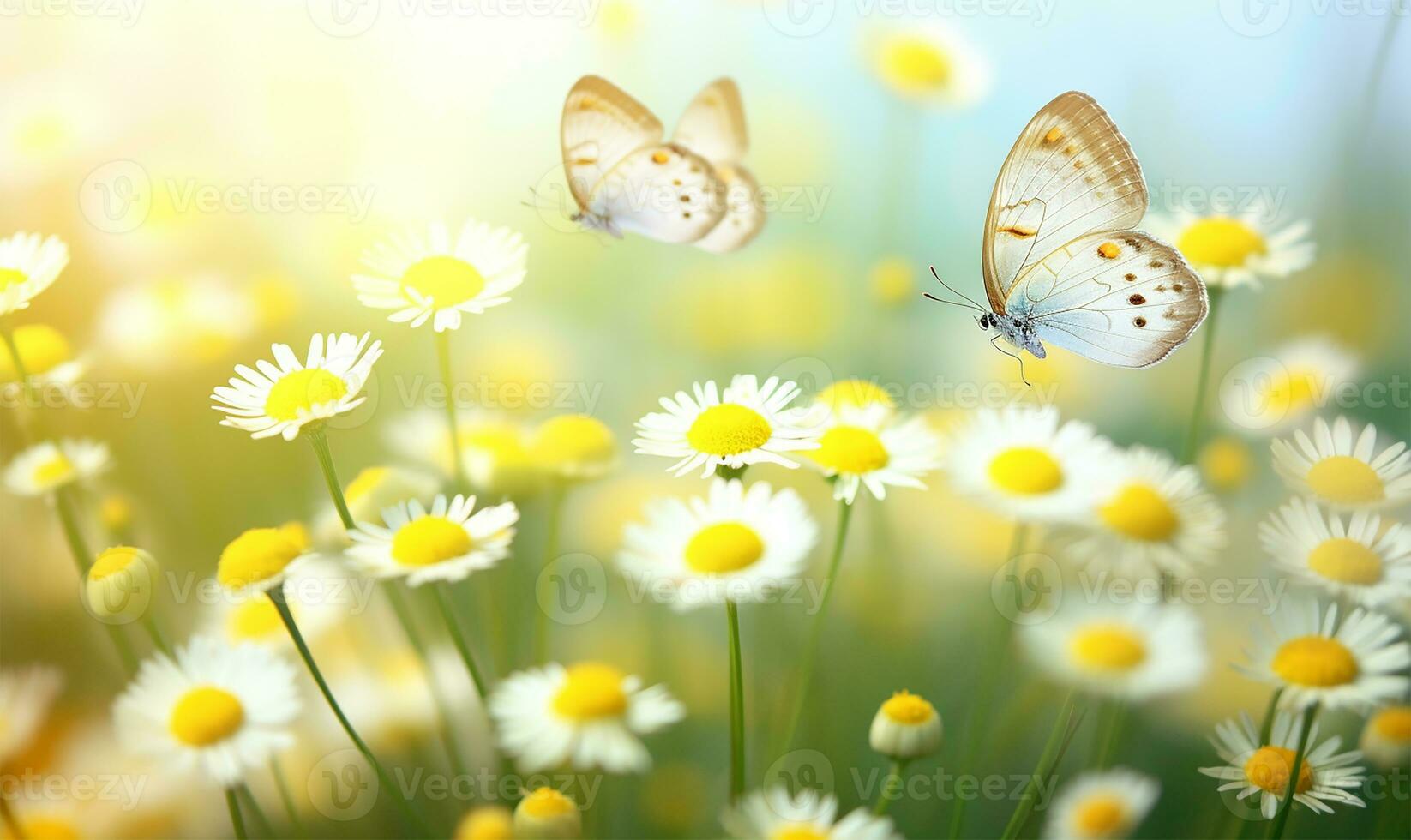 macro Disparo de vibrante amarillo santolina flores en medio de juguetón mariposas en un prado. ai generado foto