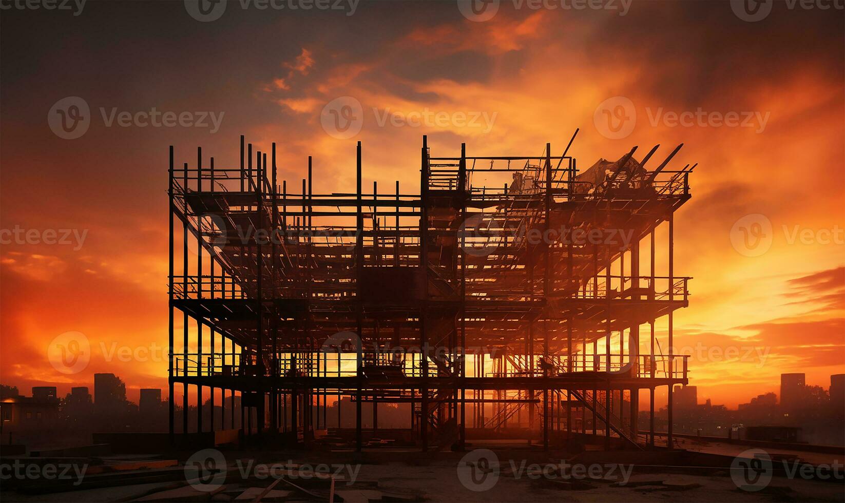 construction site of a large residential-commercial building with several floors already taking shape, juxtaposed against a metal framework. AI Generated photo