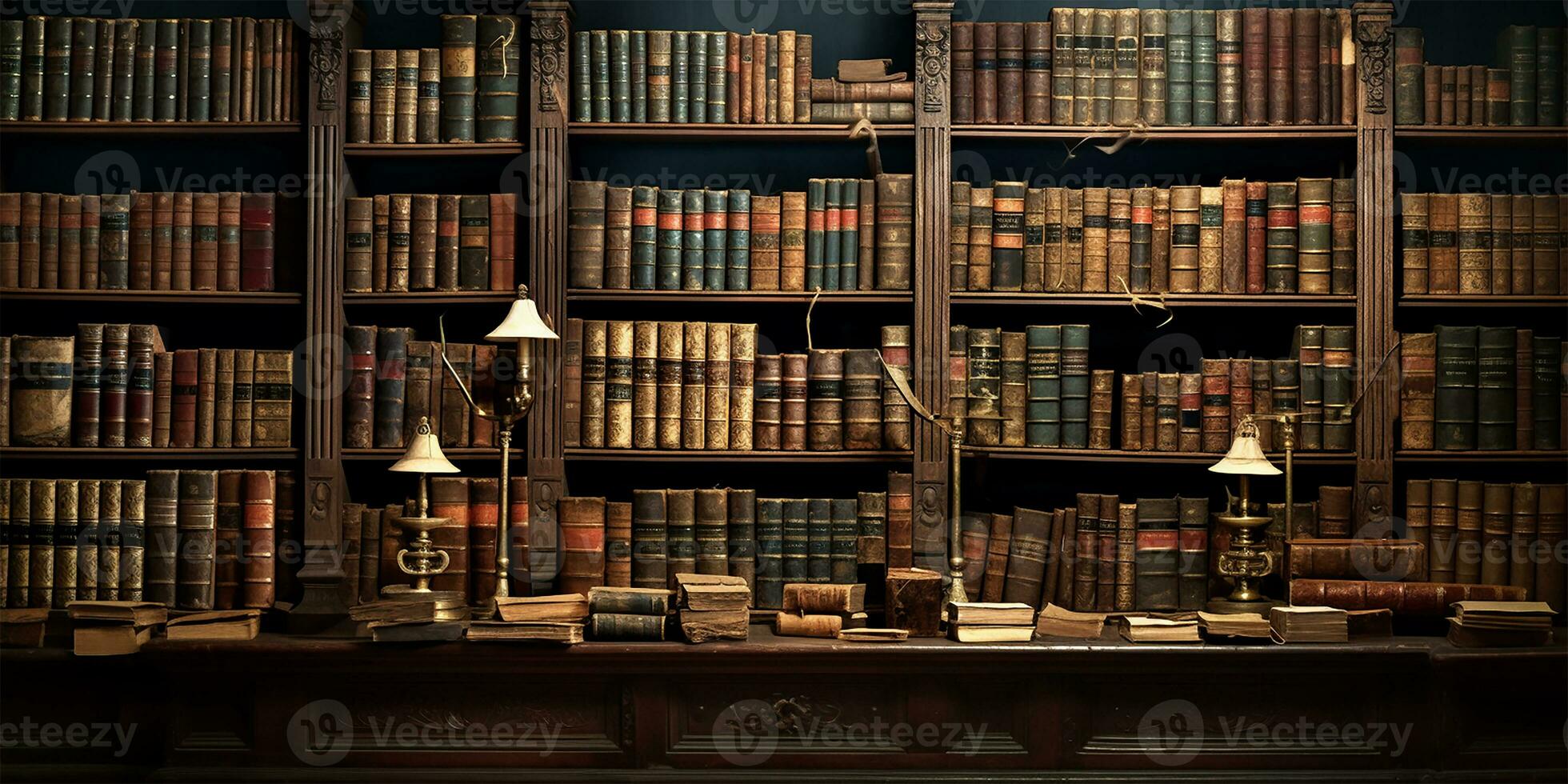 vast wall teeming with rows upon rows of ancient books. AI Generated photo