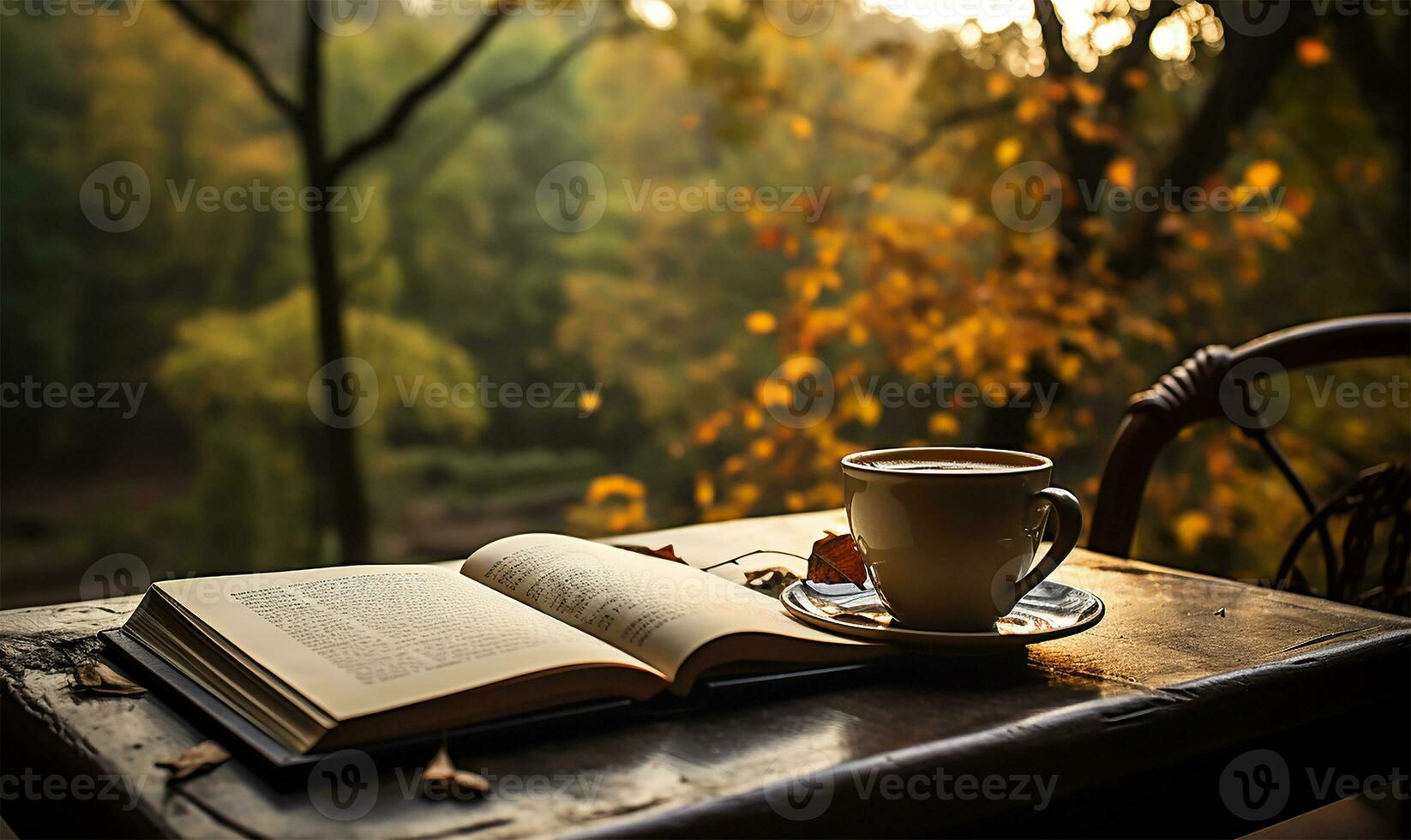 open book beside a white coffee cup on a table. AI Generated photo