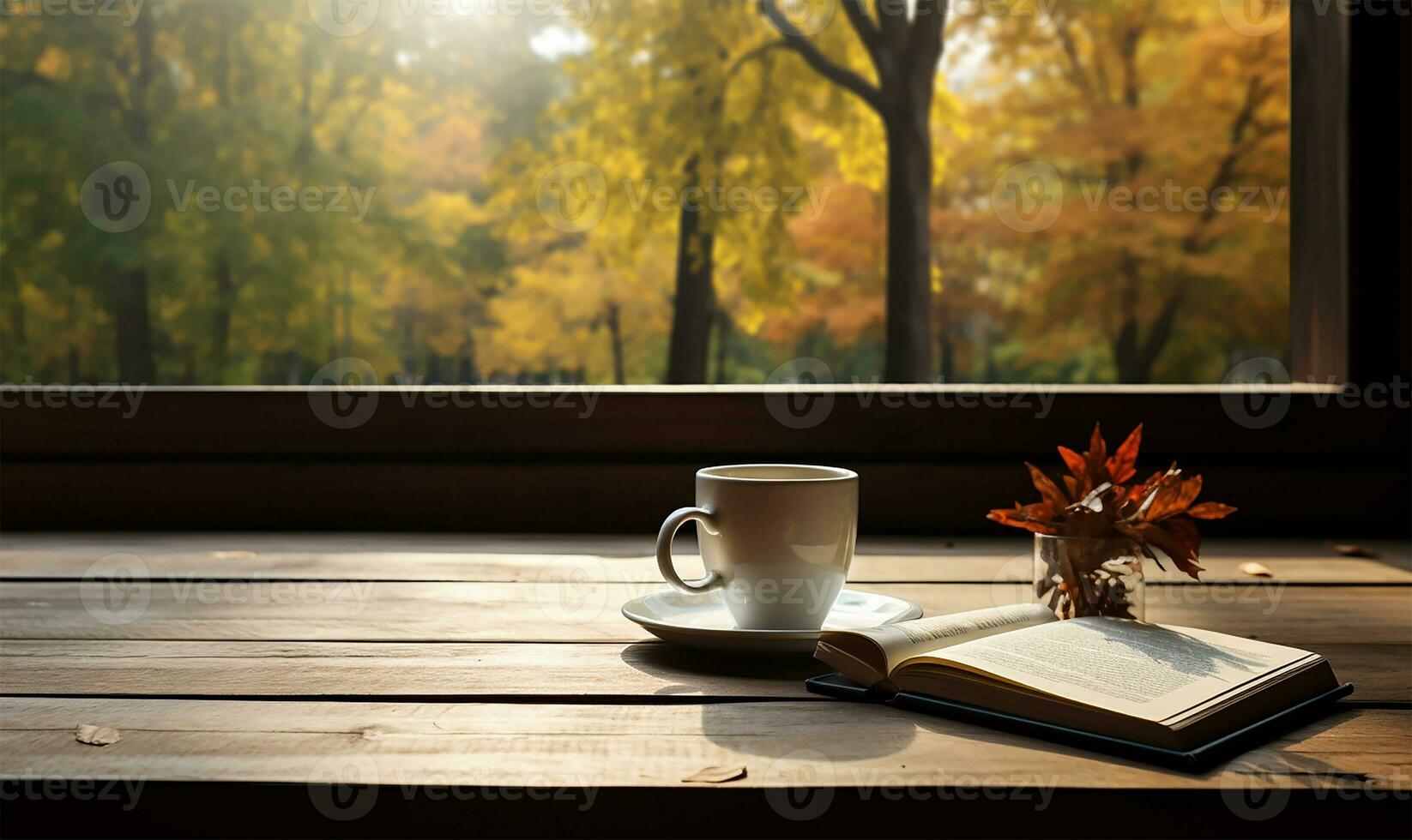 open book beside a white coffee cup on a table. AI Generated photo