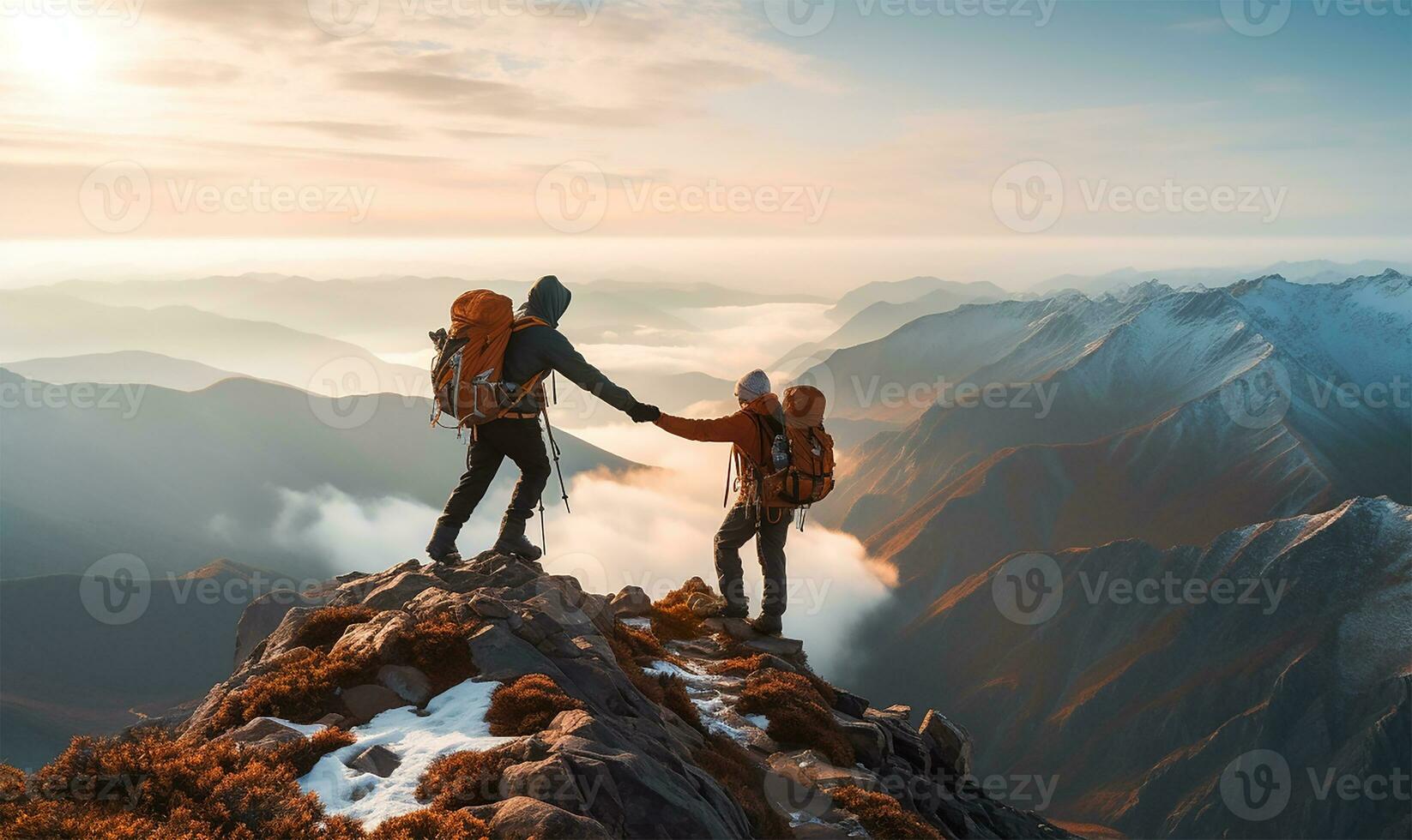 One hiker extending a hand to help a friend reach the summit of a mountain. AI Generated photo