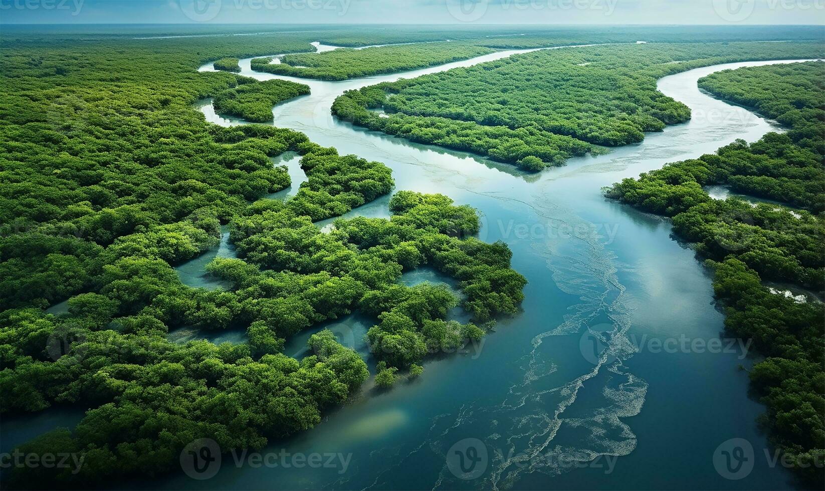aerial view of a river delta featuring lush green vegetation and winding waterways. AI Generated photo