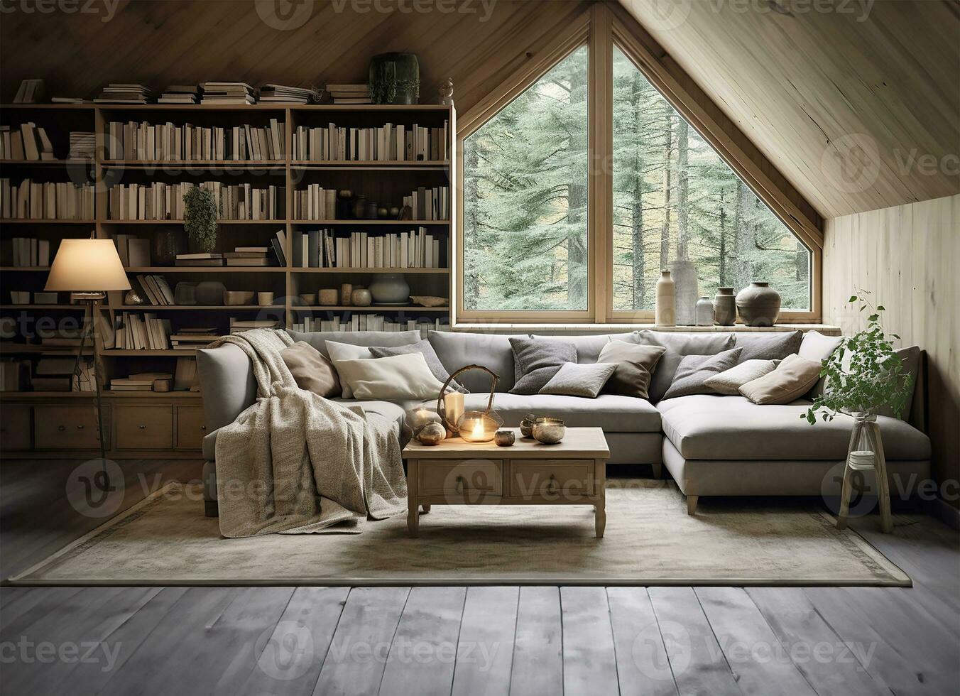 corner sofa placed against a shelving unit, set in a modern living room in the attic of a farmhouse. AI Generated photo