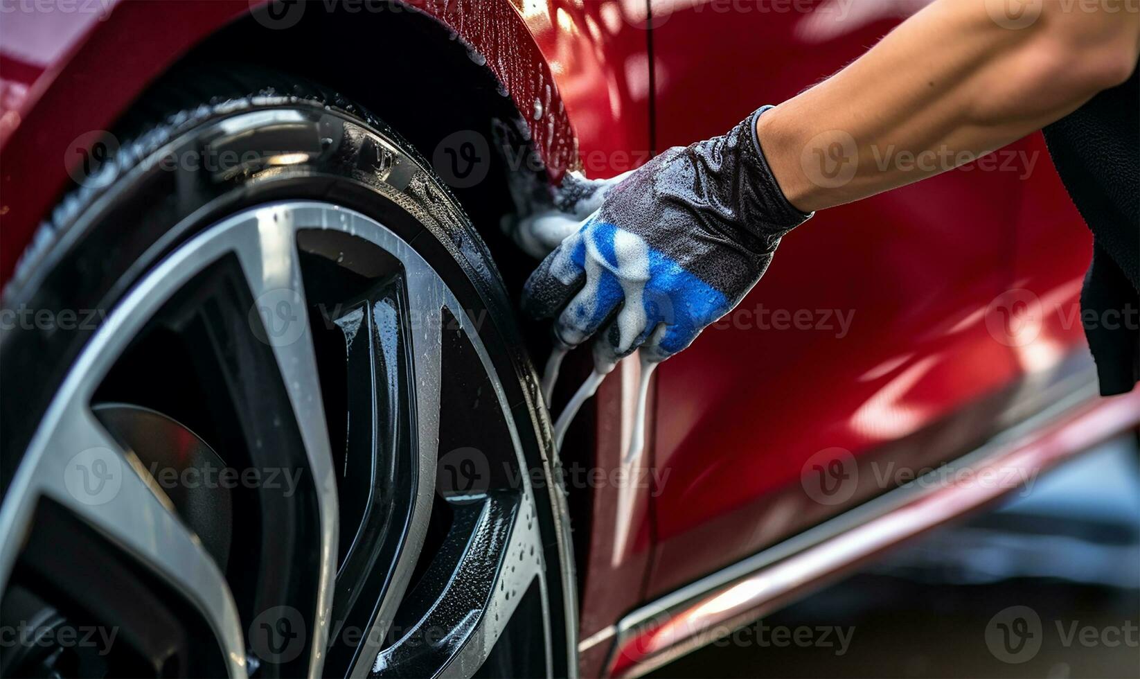 man meticulously cleaning a car with a microfiber cloth. AI Generated photo