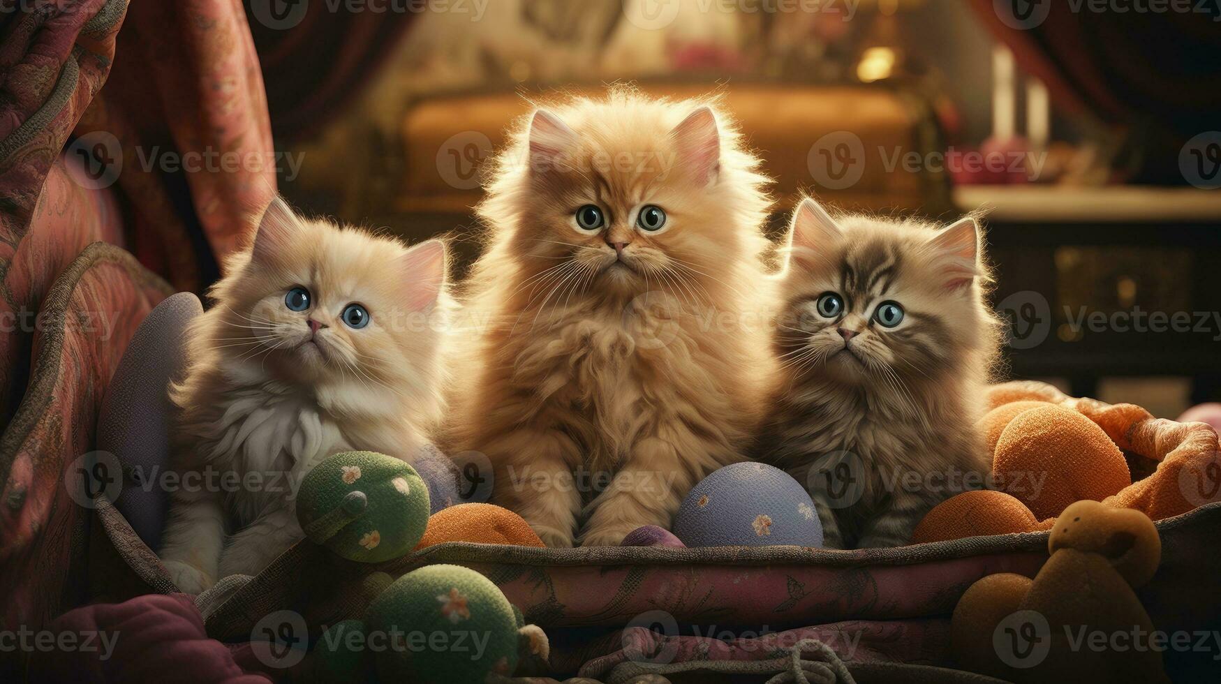Three purebred pedigree kittens of the Persian cat breed at an exhibition of pedigree cats. Cat show. A group of Persian kittens playfully explores cozy corner filled with plush cushions AI generated photo