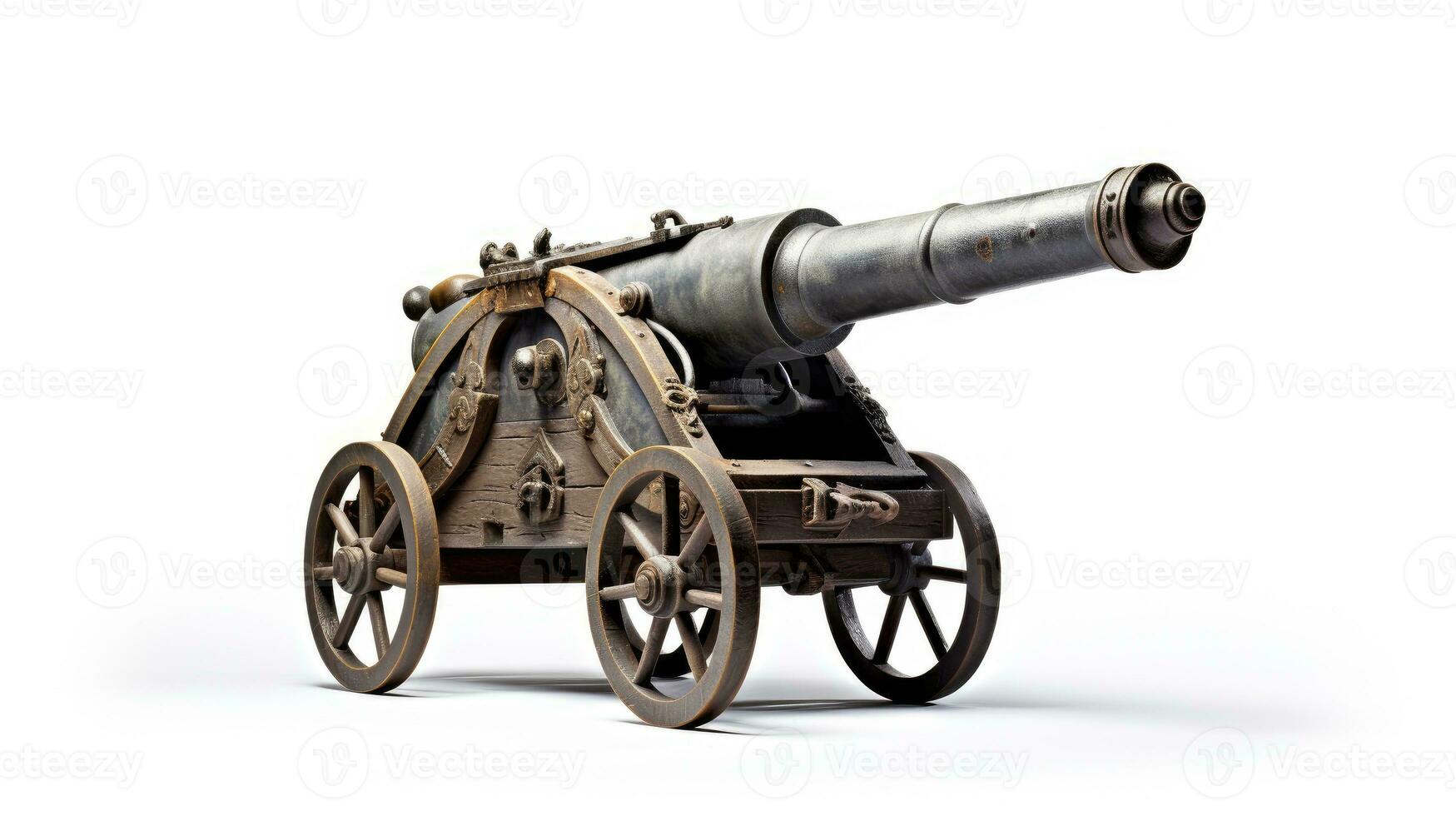 Old artillery cannon on large wooden wheels on a white background. An ancient antique medieval weapon that shoots cannonballs. Mortar bombard. Vintage weapons war. Model of antique cannon AI generated photo