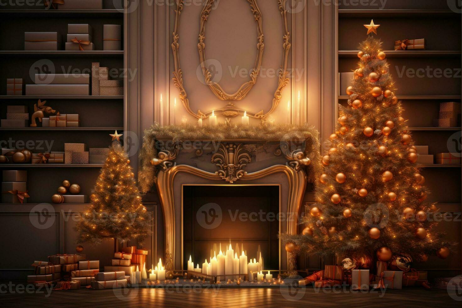 Christmas festive interior. New Year's Eve. Two decorated Christmas trees, burning candles, gifts, fireplace. With copy space. New Year holiday background. Postcard, banner, design. AI generated photo