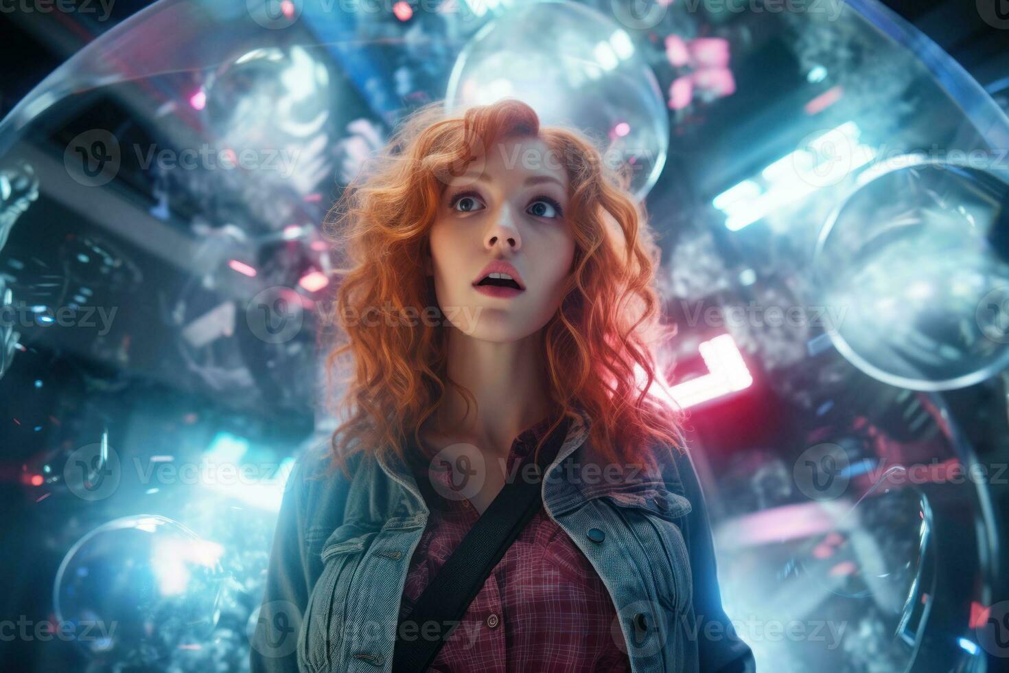 Girl in virtual reality. A young red-haired girl looks in surprise at the virtual reality around her. Game reality. Games and futuristic entertainment concept AI generated photo