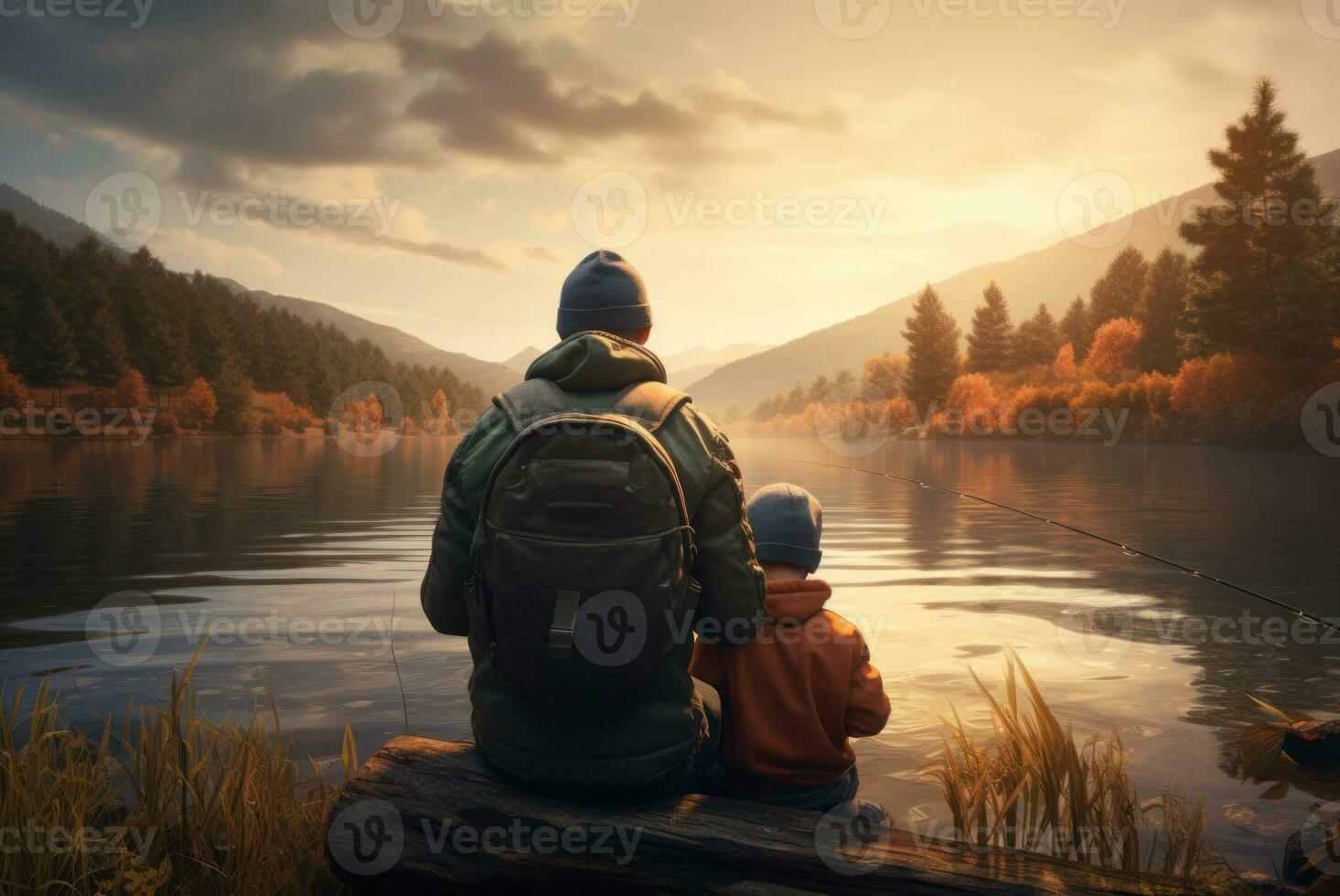 Father and son fishing. A man and a little boy are fishing together on a lake, rear view. Autumn season. Simple precious moments. Spending time with children. Father teaches son to fish. AI generated photo