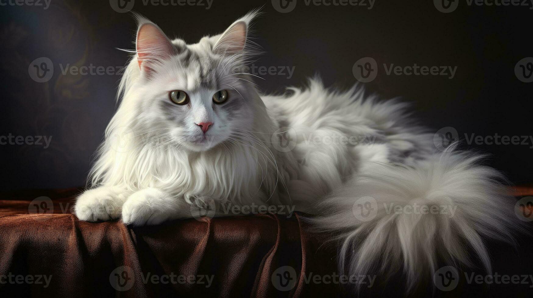 A pedigreed purebred Maine Coon Cat at an exhibition of purebred cats. Cat show. Animal exhibition. Competition for the most purebred cat. Winner, first place, main prize. AI generated photo