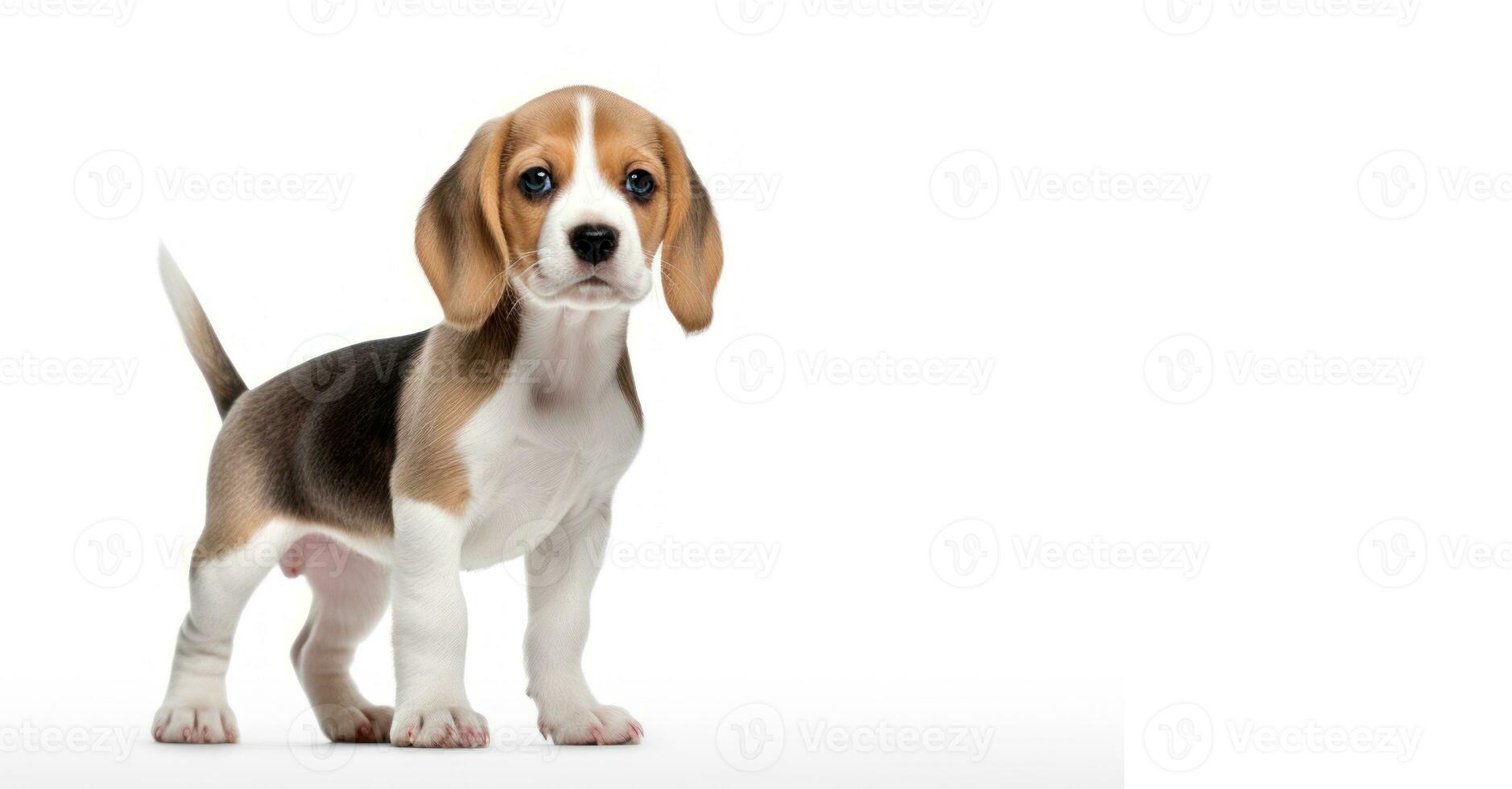 Purebred Pedigree Beagle puppy on clean, white background with ample copy space. This adorable charm young dog is ideal for banners, advertisements, posters, postcards and various design AI generated photo