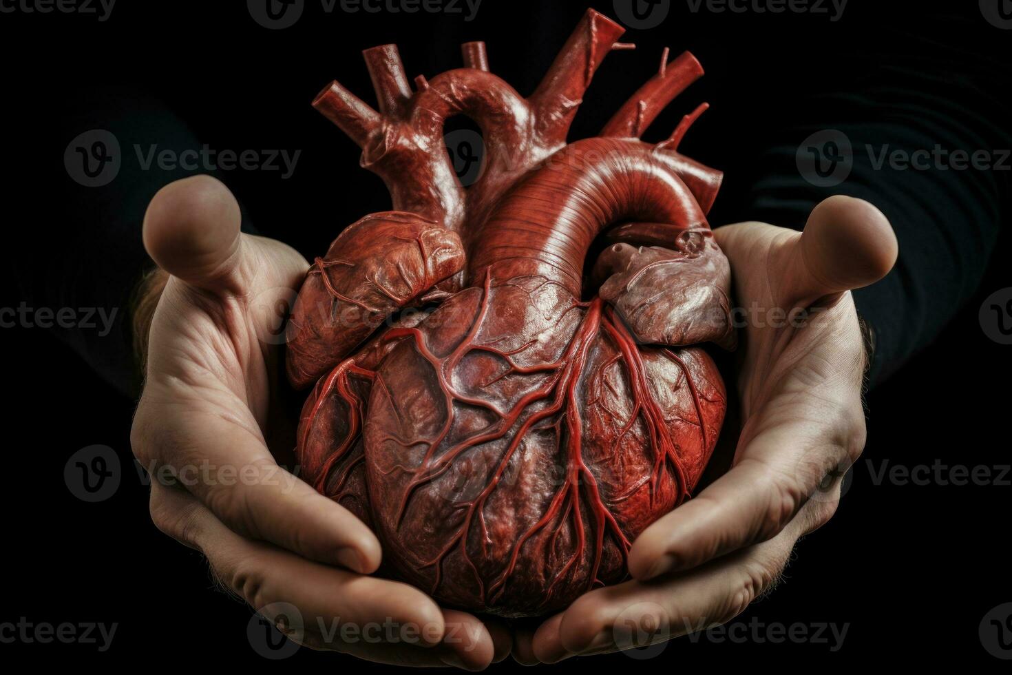 Close-up of a human heart held in male hands, showing intricate details. Realistic depiction of a life-saving organ. Perfect for medical or health-related designs, educational materials. AI generated photo