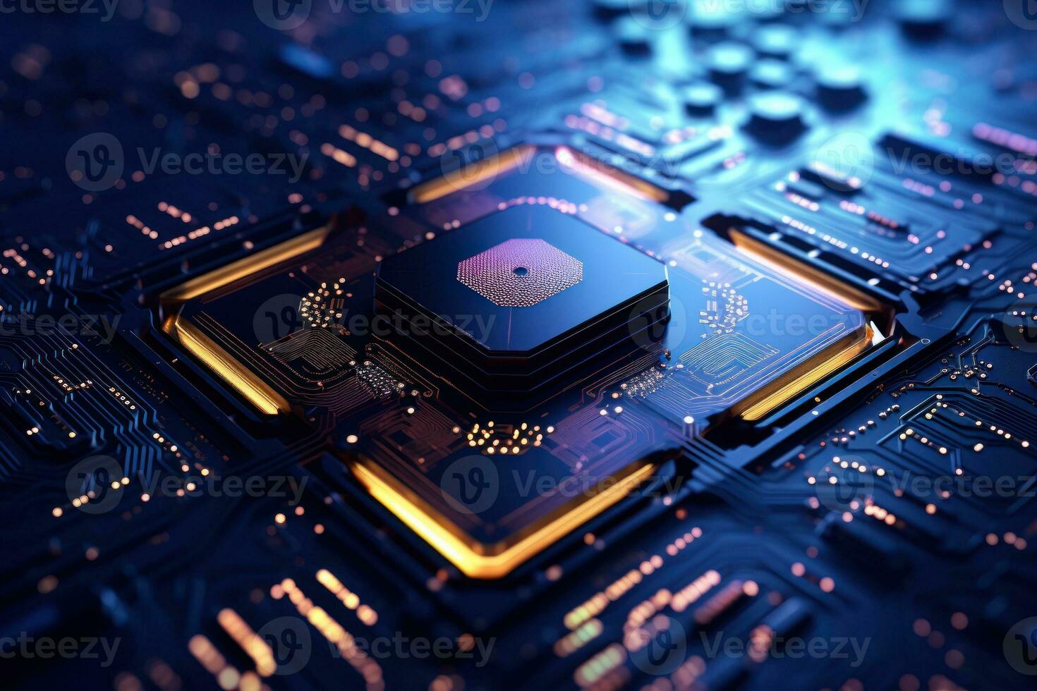 Next-Generation Chips close up. Circuit board, processor. Computer chip, semiconductor, data abstraction, printed circuit board. Electronic board. Deep indigo blue with gold. AI generated photo